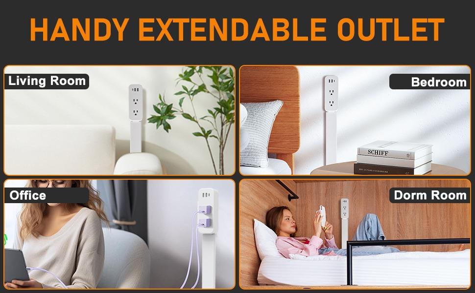 EAZY Outlet Extender with USB-C, USB-A & 2 AC Outlets, 180° Rotating Power Socket Expander, Extendable 18"-28" Wall Plug Adapter for Hard-to-Reach Outlets Behind Couches, Beds, Nightstands & Desks