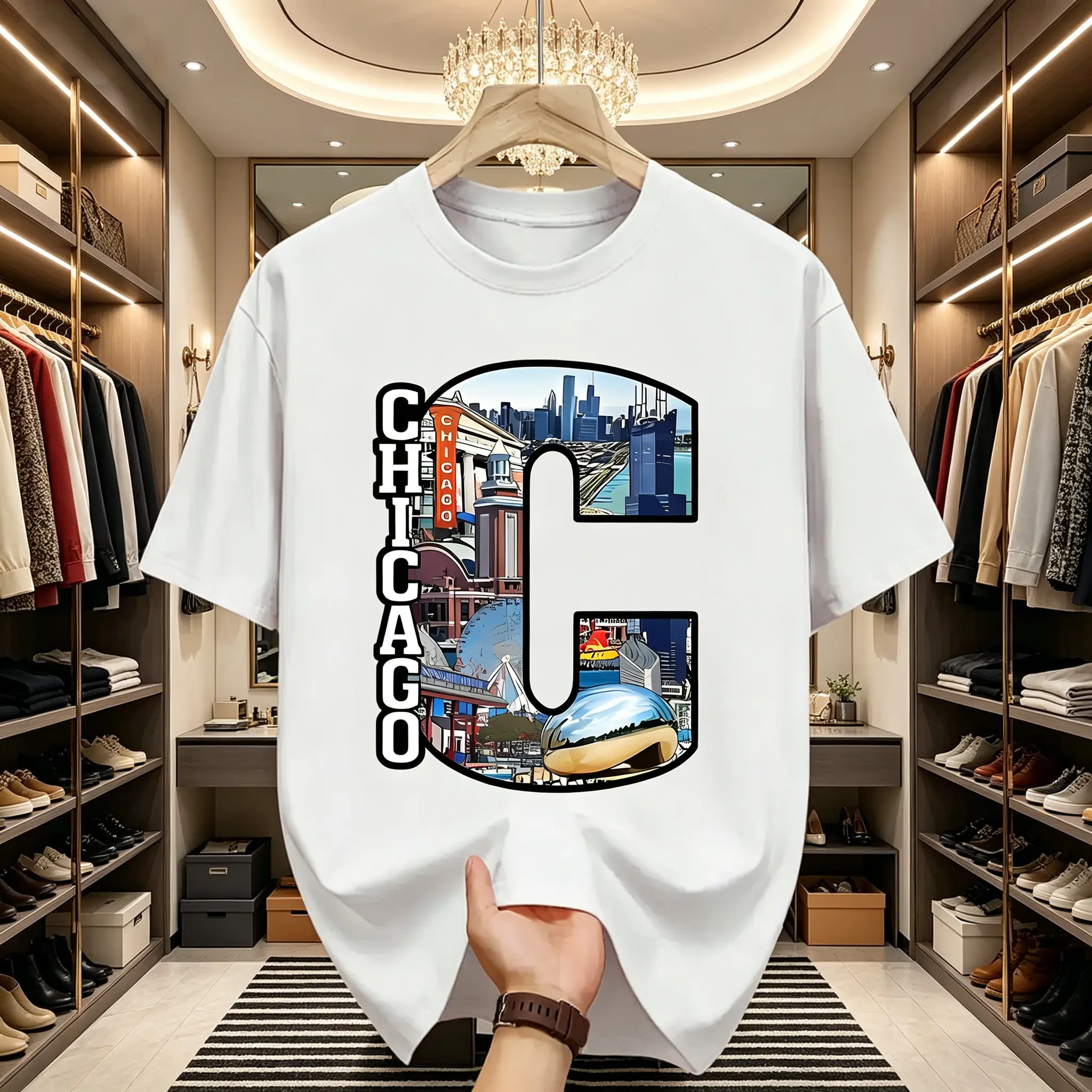 Chicago C Skyline Graphic T-Shirt for Men - Retro Soft Cotton Crew Neck Short Sleeve, Lightweight All-Season Casual Top, Perfect for Streetwear & Party Outfit, Summer Spring, Machine Washable