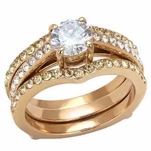 Clear CZ Center with Clear & Champagne Crystal Rose Gold IP Stainless Steel Ring Set