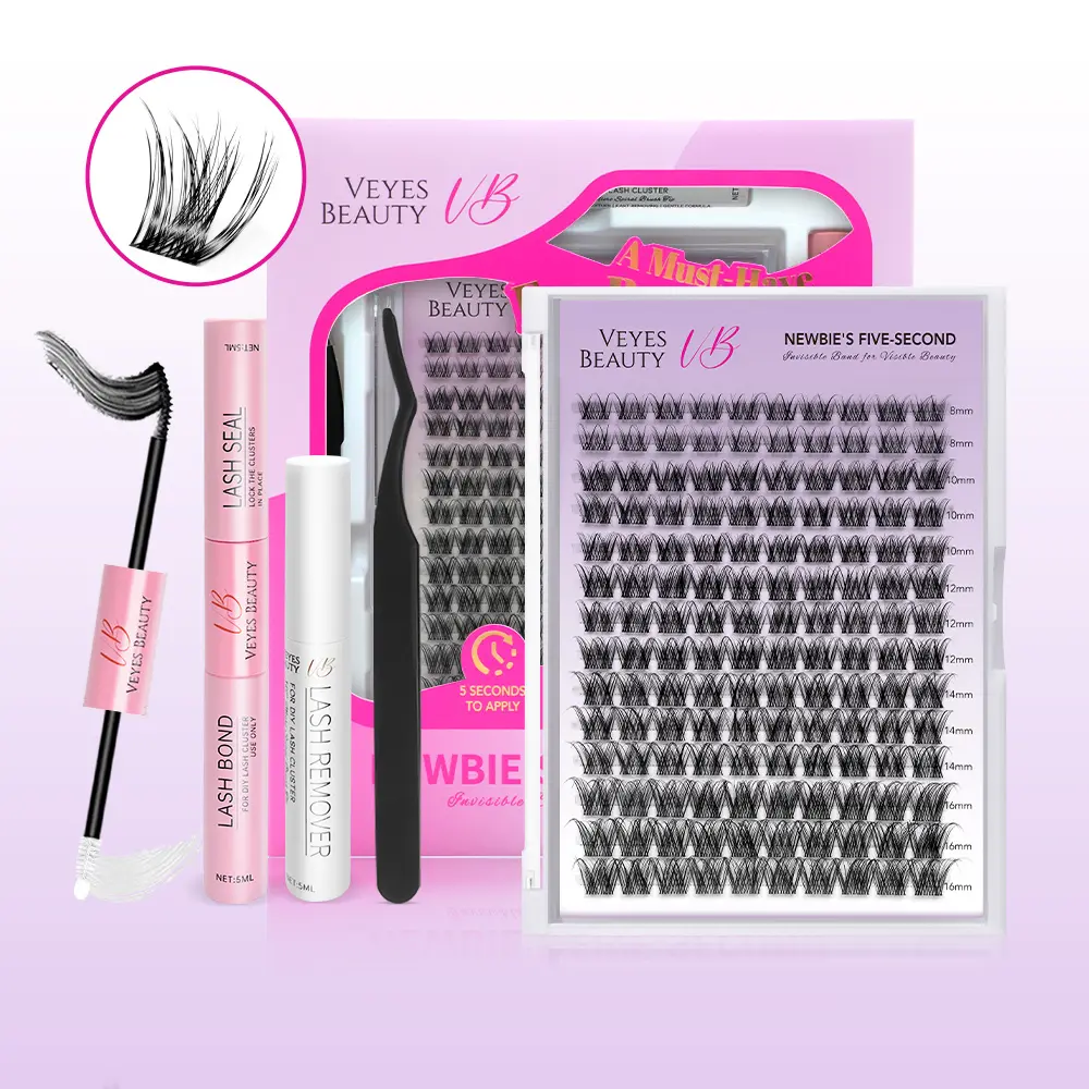VEYESBEAUTY LuxeBold Cluster Lashes Kit Invisible Band Lashes With Bond & Seal Tweezer Remover DIY False Eyelashes Applicator for Lash Newbie Beginners 140 Clusters Soft Volume Drama Glam Eyelashes Extensions Eyelash Extensions Makeup Cosmetic,sunscreen