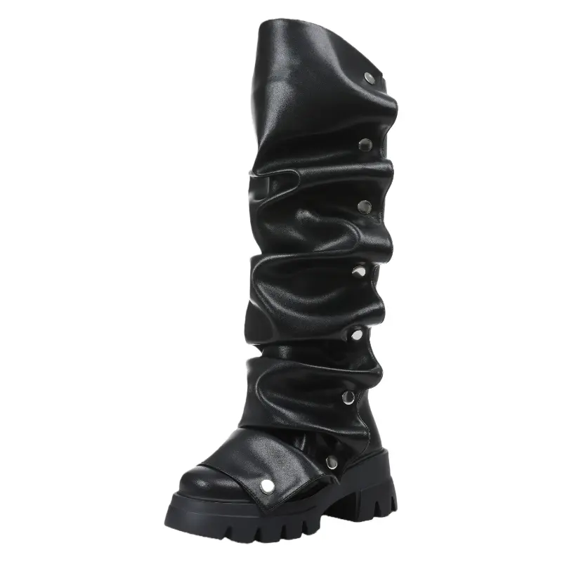 Fold Over Slouchy Platform Dress Chunky Stacked Round Toe Glitter Metallic Boots for Women Stylish Design Comfortable Fit