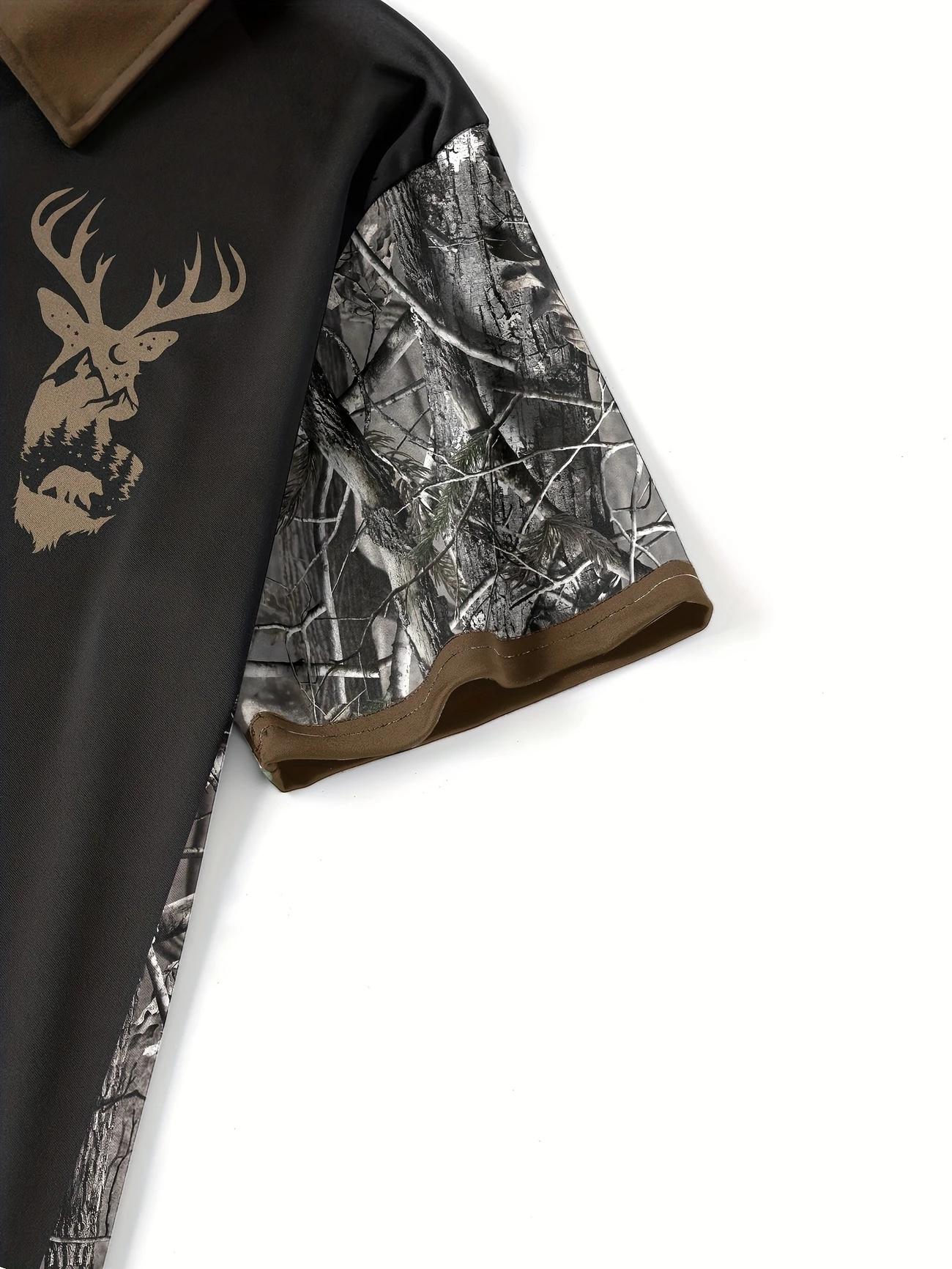 Men's Camouflage Quick Drying Shirt - Casual Outdoor Style, Deer Head Print, Short Sleeve, Button Neck, Summer Hunting and Hiking Clothing, Hiking Equipment Golf Polo Golf Apparel
