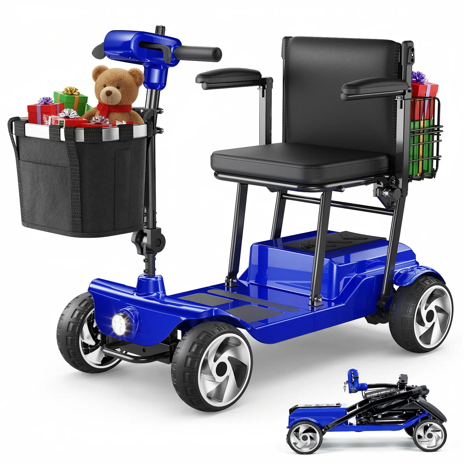 SwiftEco 4 Wheel Mobility Scooter - Electric Powered Wheelchair Device - Compact Heavy Duty Mobile for Travel,ebike Adults, Elderly - Long Range Power Extended Battery with Charger & Basket-Folding, Collapsible and Compact for Travel，330 lb Capacity