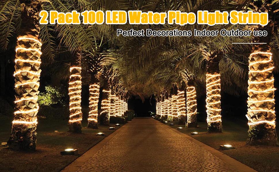 Brightown Solar Rope String Lights Outdoor 2 Pack 39 Feet 100 Led Waterproof Solar Powered Fairy Lights with 8 Lighting Modes, Copper Wire PVC Tube Lights for Garden Wedding Party DIY Decor (Warm White)