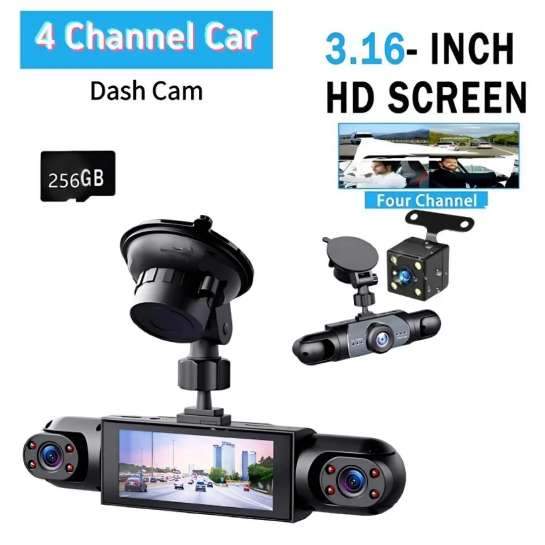 HD Automotive 4-Channel Dash Cam for Cars, 1080P Front + 720P Rear/Left/Right Lenses, Wired Multi Camera Vehicle Security Device with 256GB Memory Card, G-Sensor, Loop Recording, Dashcams For Cars, Hd Automotive Dashcam