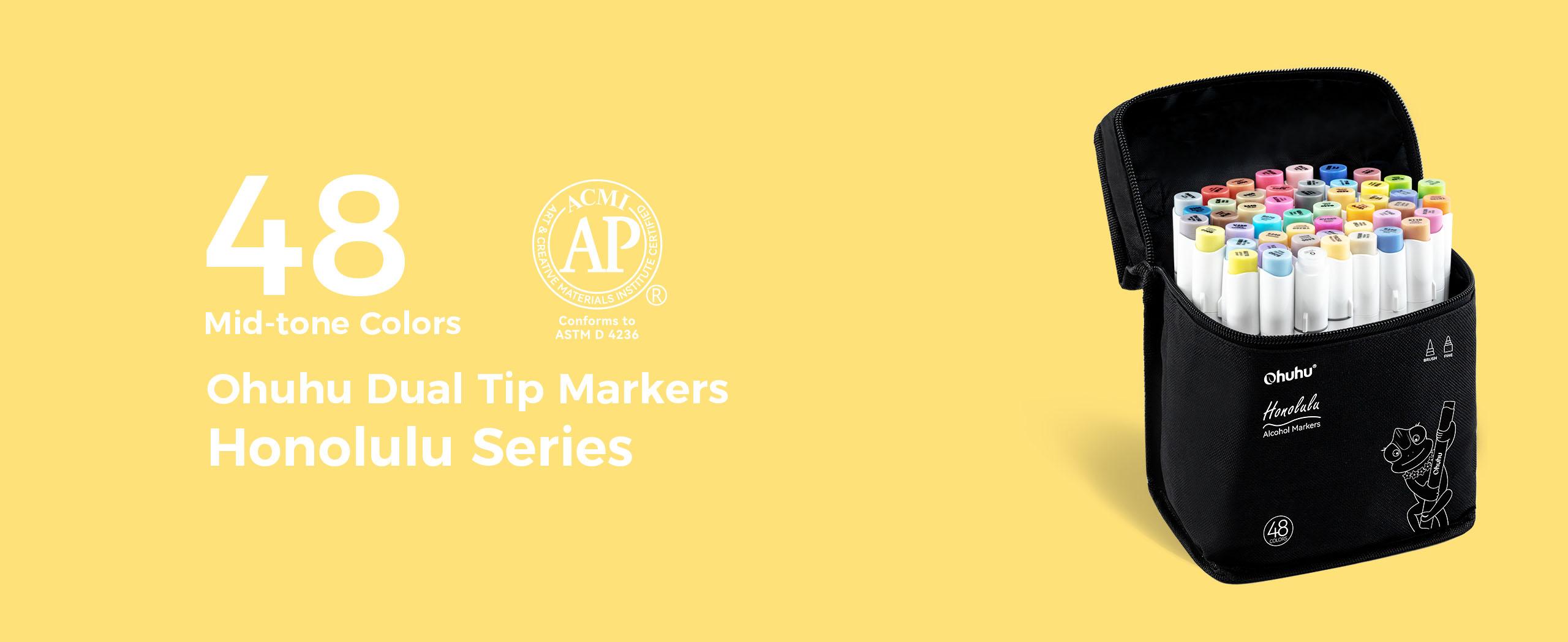 Ohuhu Alcohol Markers: Brush & Chisel / Fine - 48 Mid-tone Colors - AP Certificated Double Tipped Alcohol Based Art Marker Set for Artist Adults Coloring Illustration - Refillable - Honolulu & B Series of Ohuhu