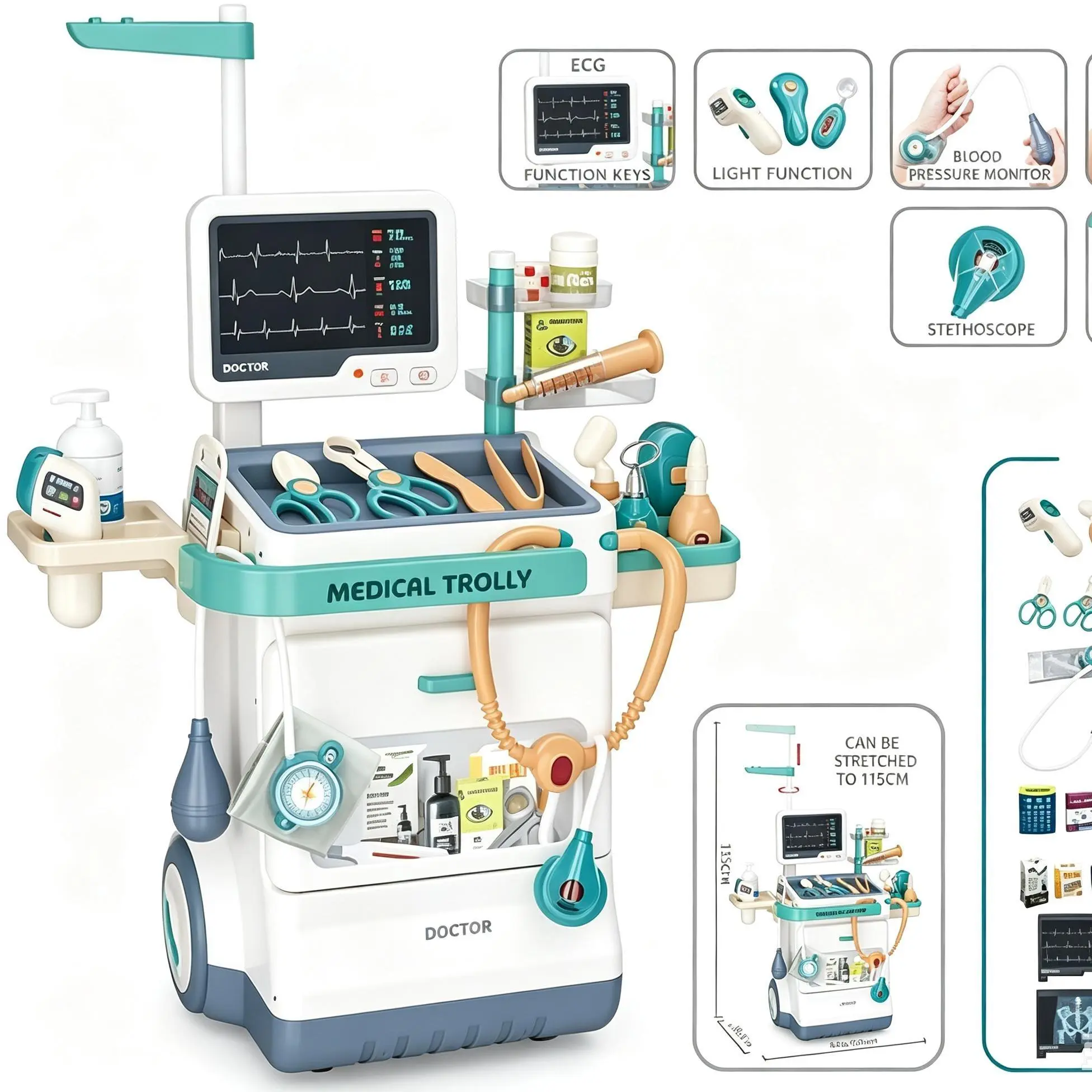 Serena & Jewel Unisex Kids' 26-Piece ABS Plastic Pretend Medical Station Mobile Cart Toy Set (3+ Years) - Light Effects, Thermometer, Stethoscope, Educational Role Play Accessories