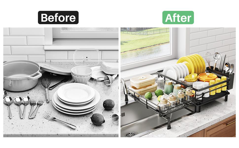 SNTD Dish Drying Rack - Extendable Dish Rack, Large Sink Drying Dish Drainer for Kitchen Counter, Stainless Steel Dish Strainer with Utensil Holder SNTD Dish Drying Rack - Extendable Dish Rack, Large Sink Drying Dish Drainer for Kitchen Counter, Stainless Steel Dish Strainer with Utensil Holder