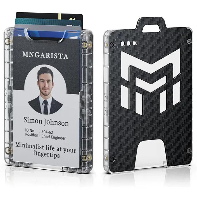 MNGARISTA Badge Holder, Vertical ID Card Holder for Credit Cards, Clear ID Window, All PC Polycarbonate Plastic Housing, 5 Cards Capacity, Built-in Elastic Clip, Carbon Fiber