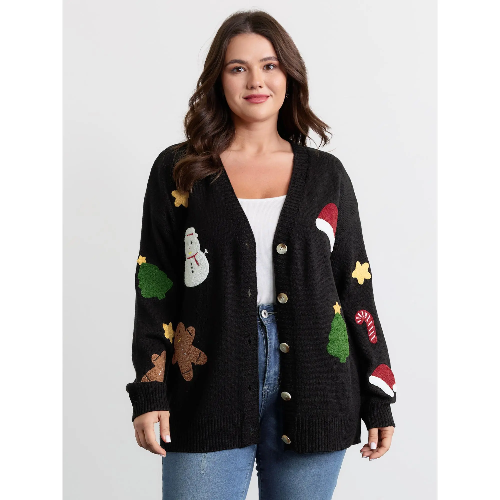 BLOOMCHIC Women's Plus Size Knitwear Cardigan Tops Clothes - Gingerbread Santa Embroidered, Long Lantern Sleeves, Button-Up, Soft Comfortable Fabric, Flat & Loose Style, M-6X Sizing, Everyday Summerfinds,back to school,back to school shopping, Long Sleeve
