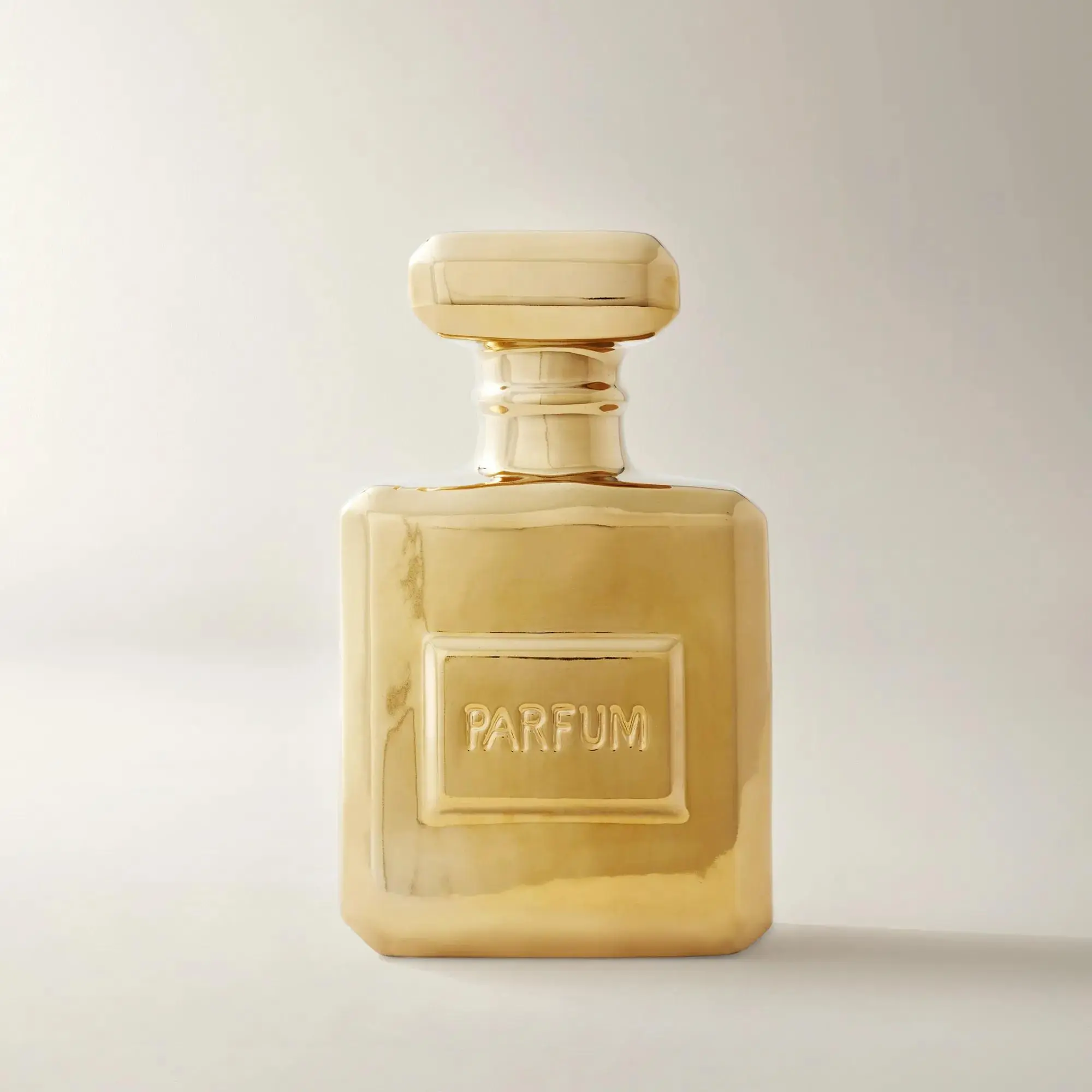 Z Gallerie Ceramic Parfum Bottle Coin Bank - Rubber-Lined Chic Home Organizer, Gold Boujee Home Accessories, French Text Charm Cash Saving Box Money Storage Box Gift