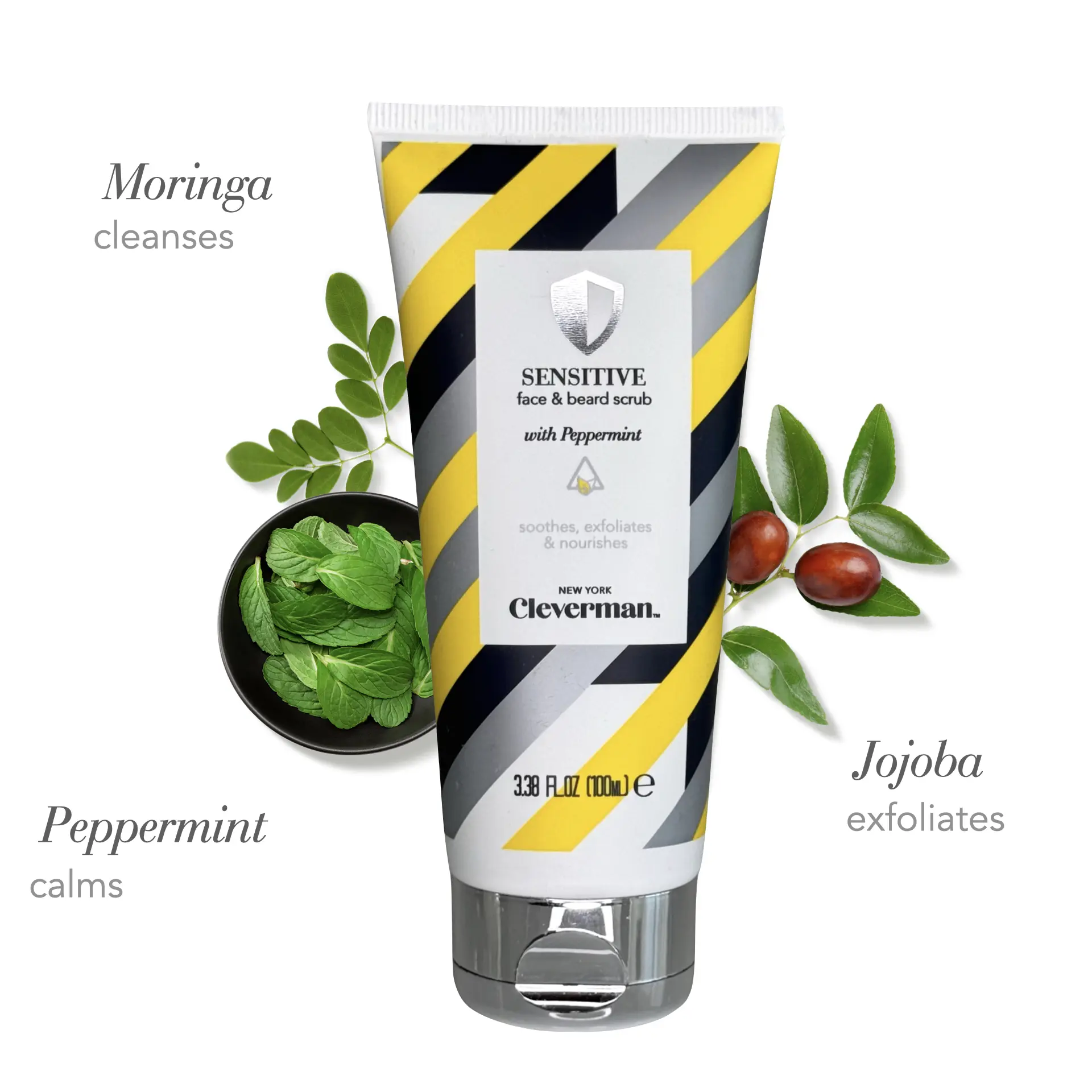 Cleverman Face & Beard Scrub Cleanser - Gentle, Cruelty-Free, Vegan for Sensitive Skin Adults, with Argan Oil, Peppermint, Walnut Oil, Calming After-Shaving Care, 100ml