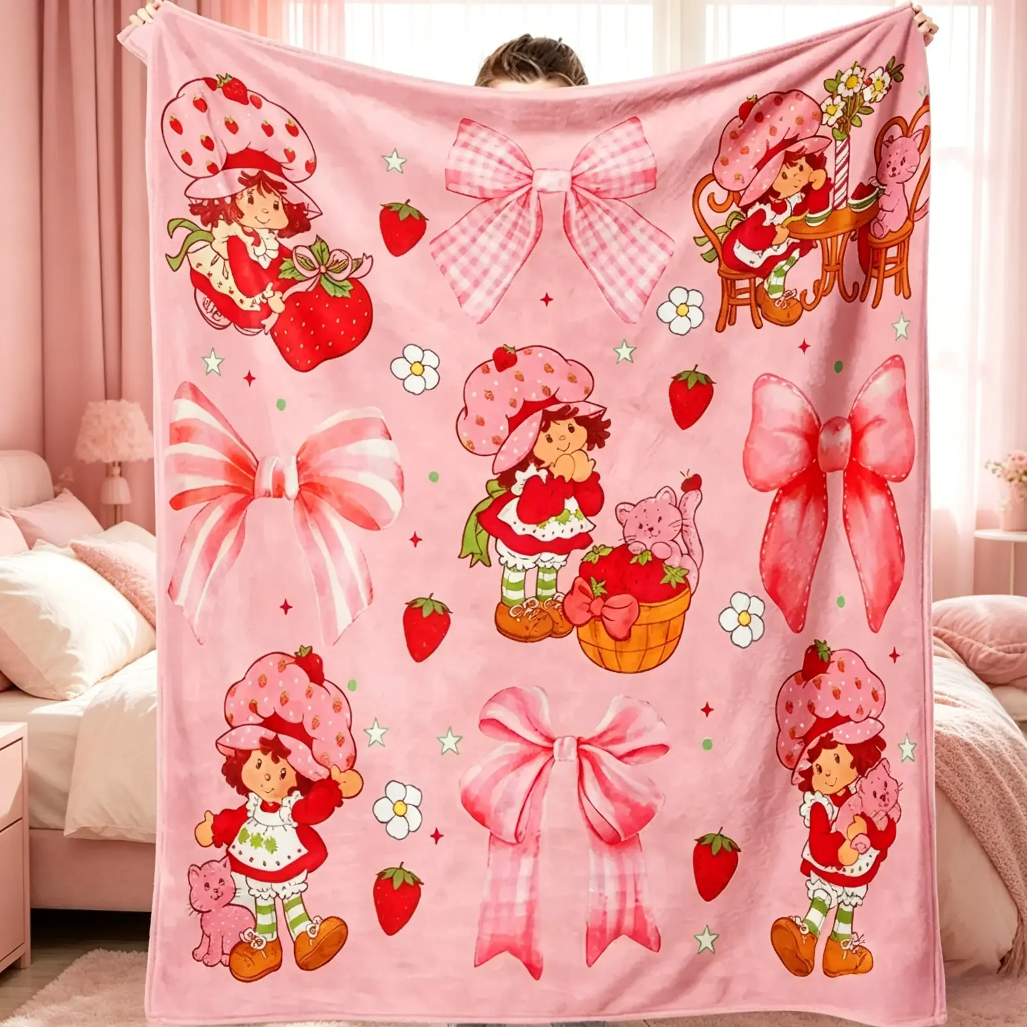 Countdown Sale! Ultra-Soft Flannel Strawberry Girl Cartoon Bow Print Throw Blanket, Cozy Lightweight Bedding Blanket For Bedroom Dorm, Cute Girly Room Decor Accessories, Perfect Teen Girl Gift For Birthday Christmas Valentine Baby Shower Back To School