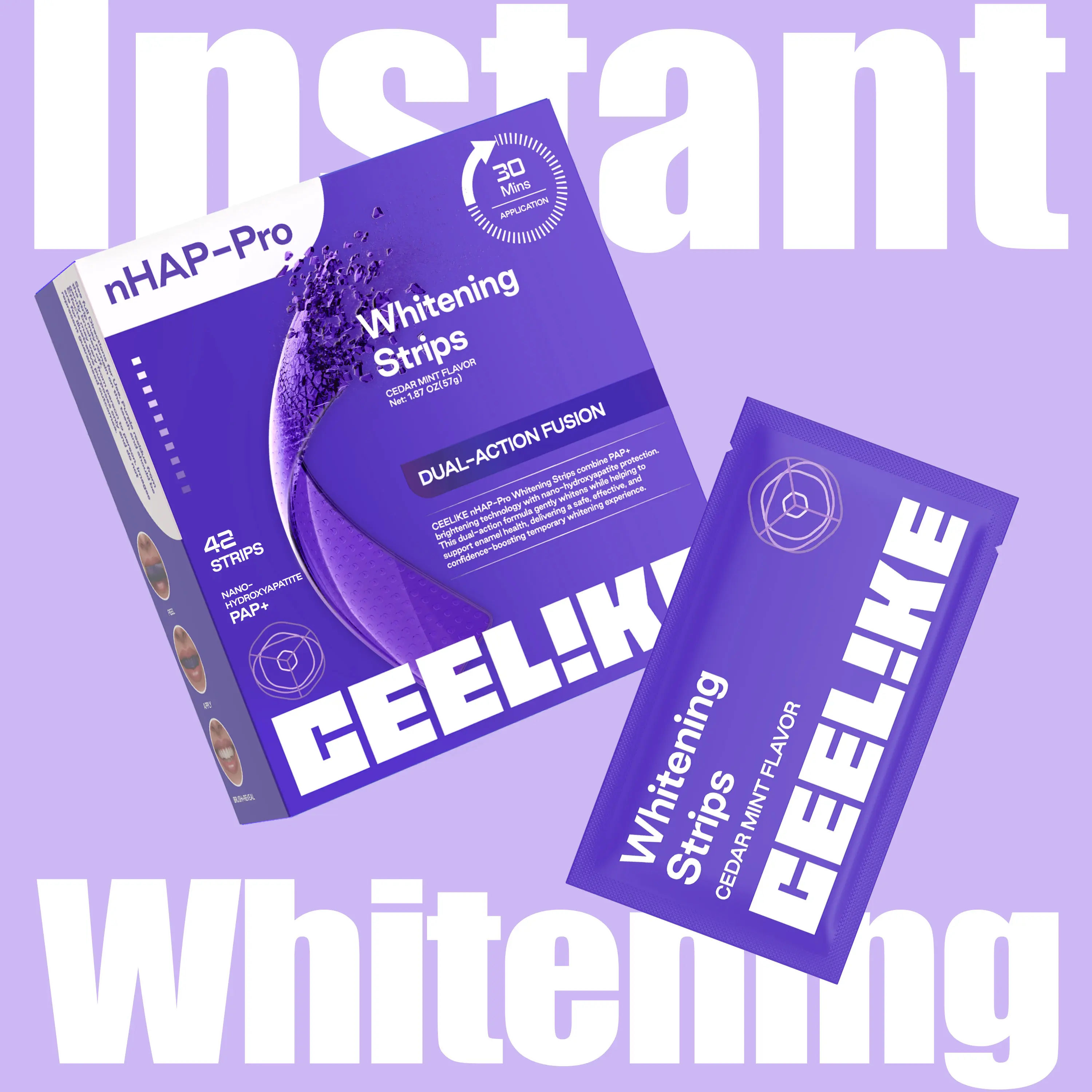 CEELIKE  Purple Teeth Whitening Strips  With Free Cheek Retractor - 7/21 Whitening Sessions -Nano-Hydroxyapatite Safe for Enamel - Non Sensitive Teeth Whitening - Peroxide-Free