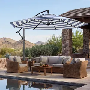 [With Base] 10ft Offset Patio Umbrella with Base, UPF50+ UV Protection, 220gsm Fade-Resistant Canopy, 8 Thick Ribs, 30MPH Wind Resistant, Infinite Tilt & Easy Crank, Cantilever Umbrella for Garden Backyard Poolside
