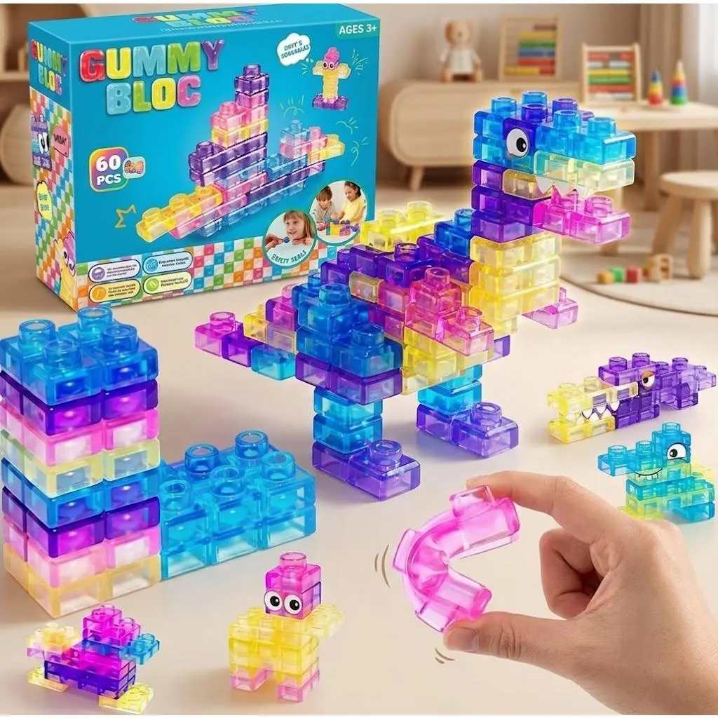 60 Pieces Unisex Soft Plastic Building Block Sets for Toddlers, Montessori Squishy Stacking Bricks, Squeezable-Stretchable Kids Sensory Development Early Learning Toys, Creative Puzzle Playset