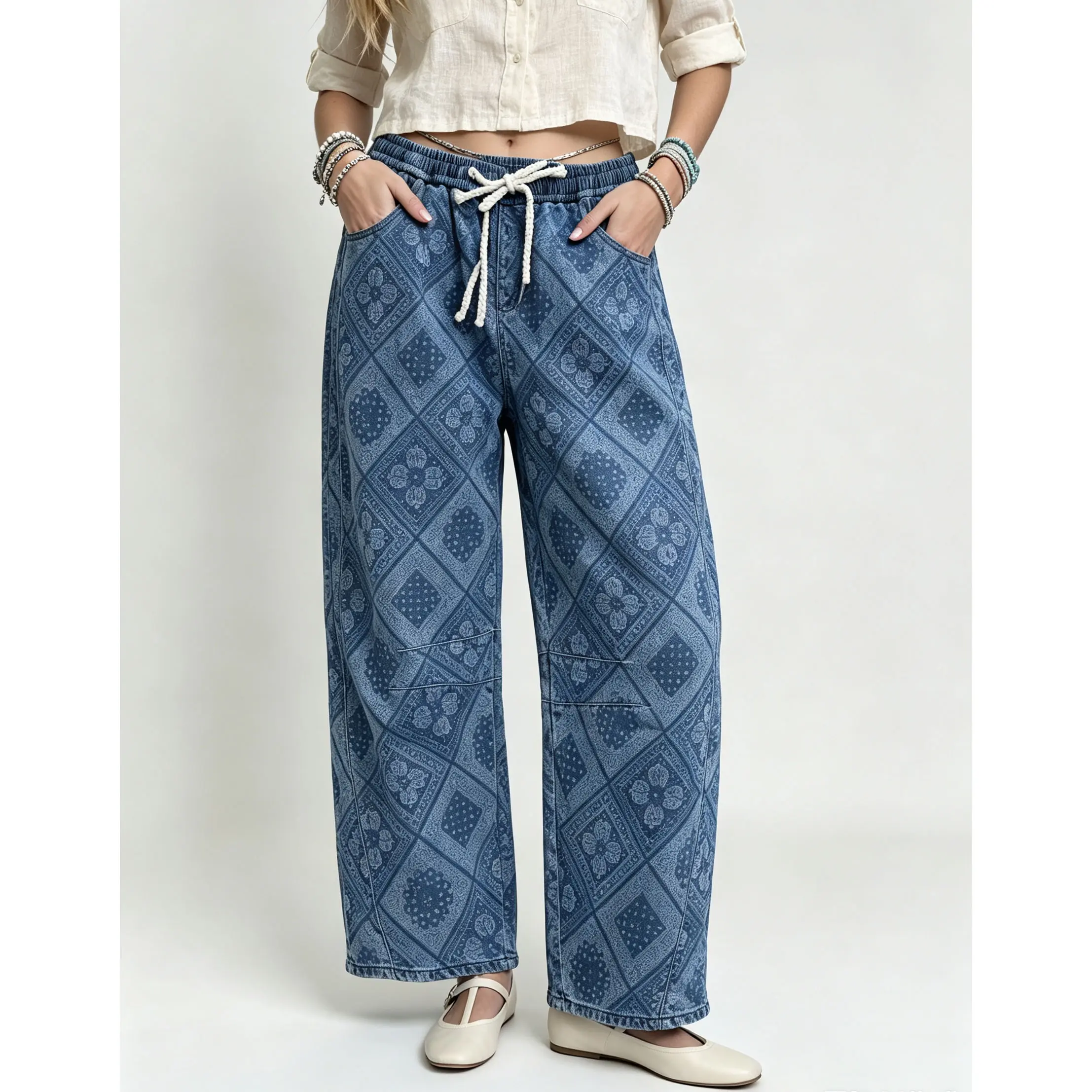 Chouyatou Women Bandana Geometric Print Baggy Wide Leg Jeans Elastic Drawstring Waist Loose Denim Pants
