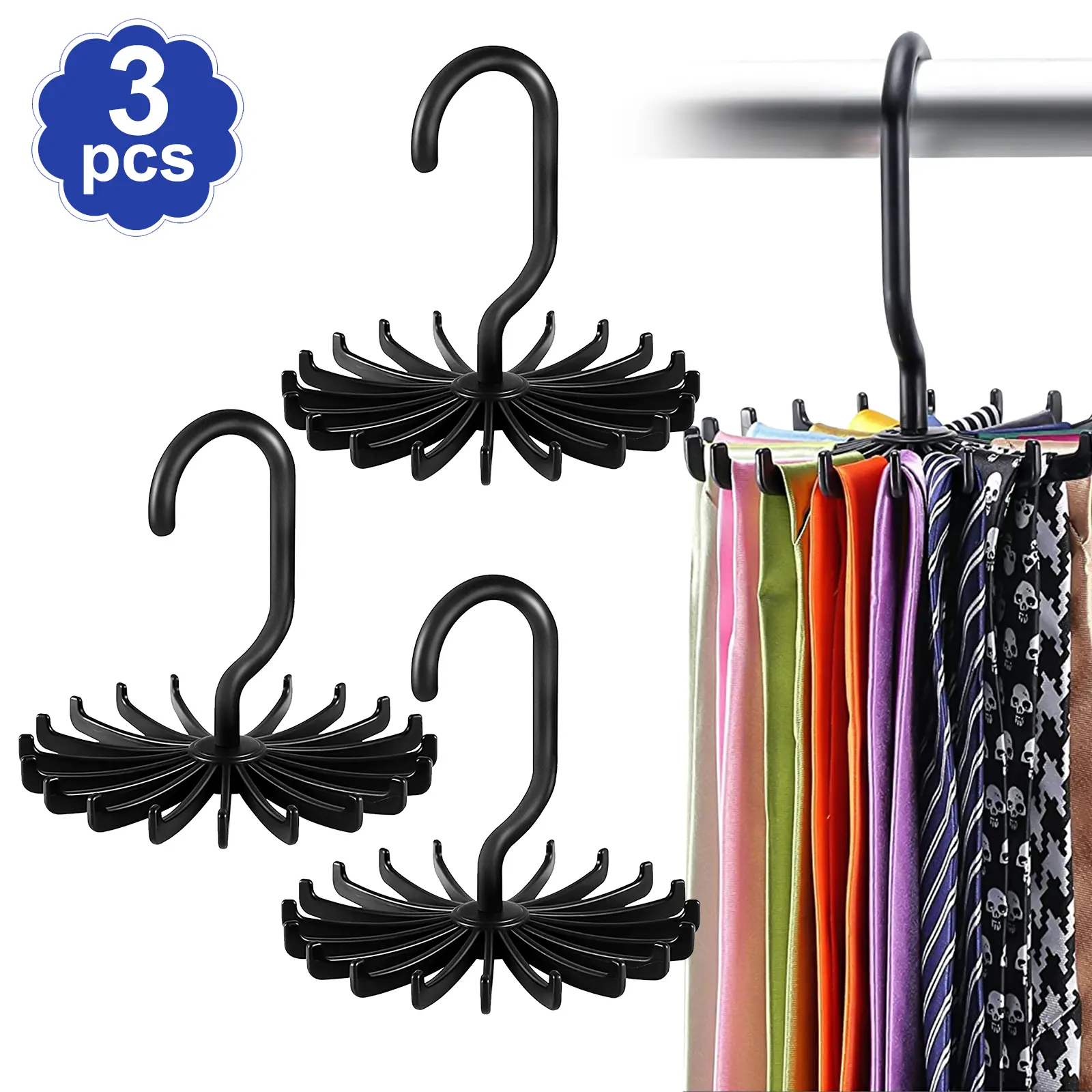 3 Pack 360° Rotatable Tie Hanger - Multipurpose Organizer Rack for Closet Storage, hat Belt Organizer with 20 Claws,for Home Travel Storage