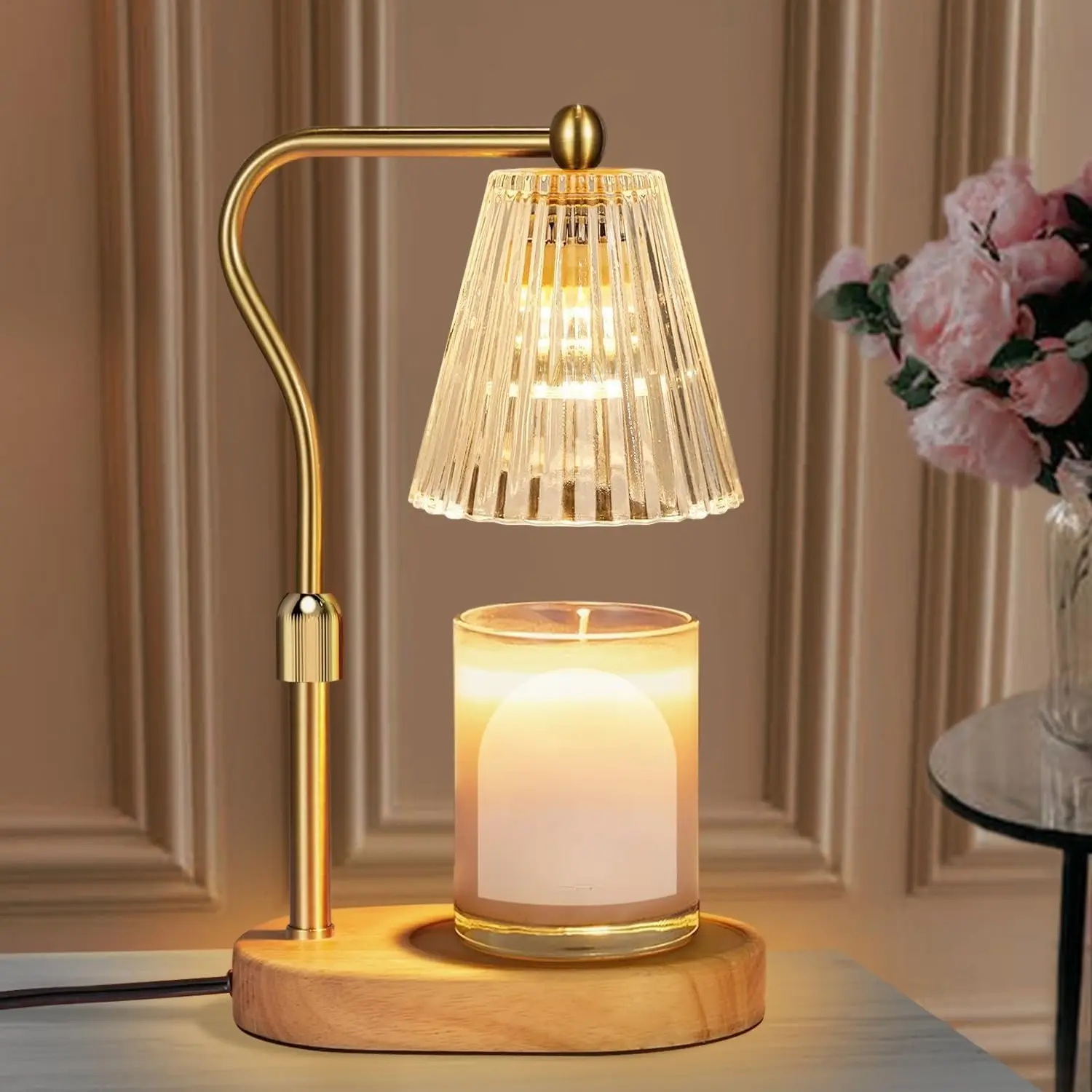 Vintage Metal Candle Warmer Lamp with Wooden Base, Dimmable Electric Wax Melter with Adjustable Height & 2/4/8H Timer, Home Decor, Birthday & Father's Day Gifts for Her, Home Accessories, Vintage Candle Stand, Dimmable Candle Warmer