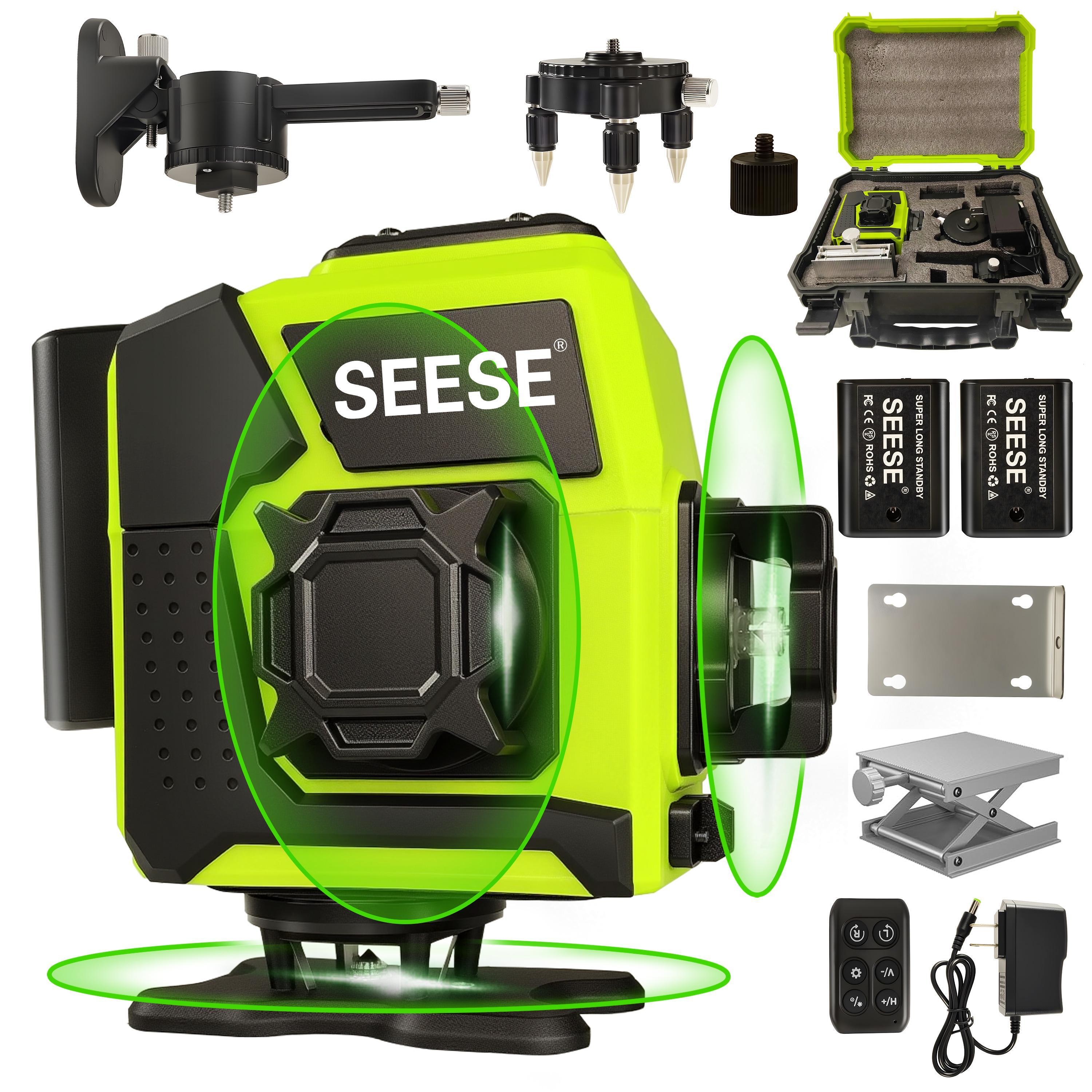 SEESE 12-Line Green Laser Level,3x360° Self-Leveling, Remote Control, Dual Batteries, Full Accessories for Tile, Cabinet & Home Improvement