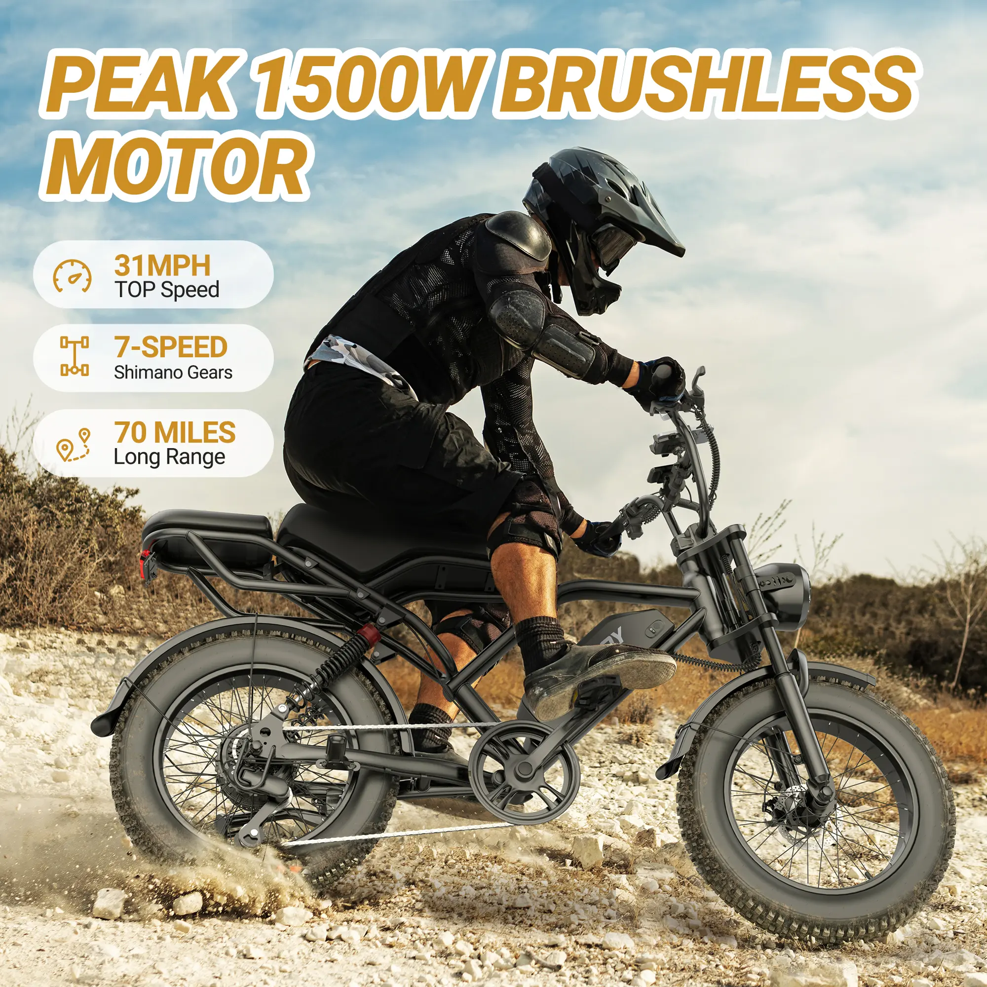 【VOLTVOGU】   1500W Electric Off-Road Bike: 20-Inch Full-Suspension E-Motorcycle with 48V 18Ah 40-70 Mile RangeAh Removable Battery, 31MPH Top Speed, 2-Seater, LED Headlights & 20" All Terrain Fat Tire UL 2849  Ebike Electric Motorcycle【 BK20】