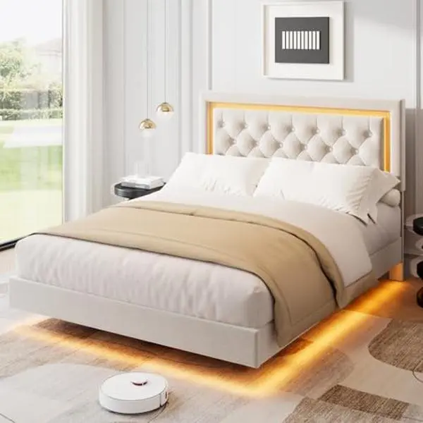 Floating Bed Frame Queen Size with Smart Led Lights, Upholstered Platform Bed with Diamond Headboard, Solid Wood Slats Support, No Box Spring Needed, Noise-Free, Easy Assembly