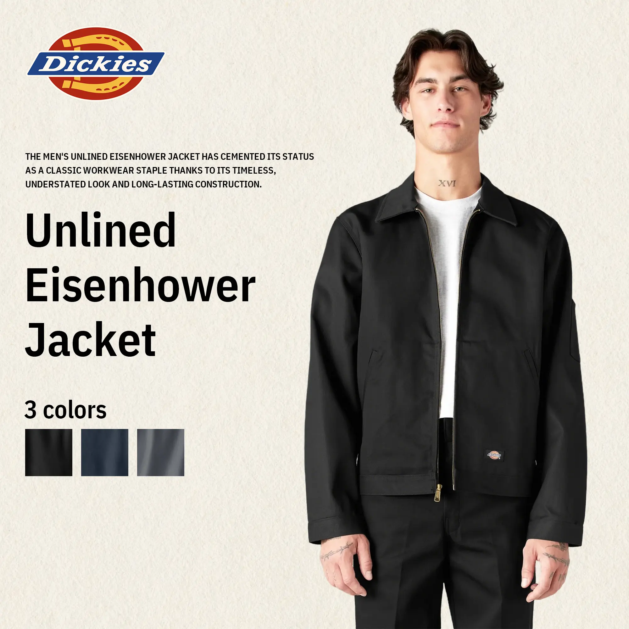 Dickies TJ15 Unlined Eisenhower Jacket, Full Zip Work Jacket, Men's Workwear, Relaxed Fit, Hidden Interior Pocket, Signature Workwear Twill Fabric