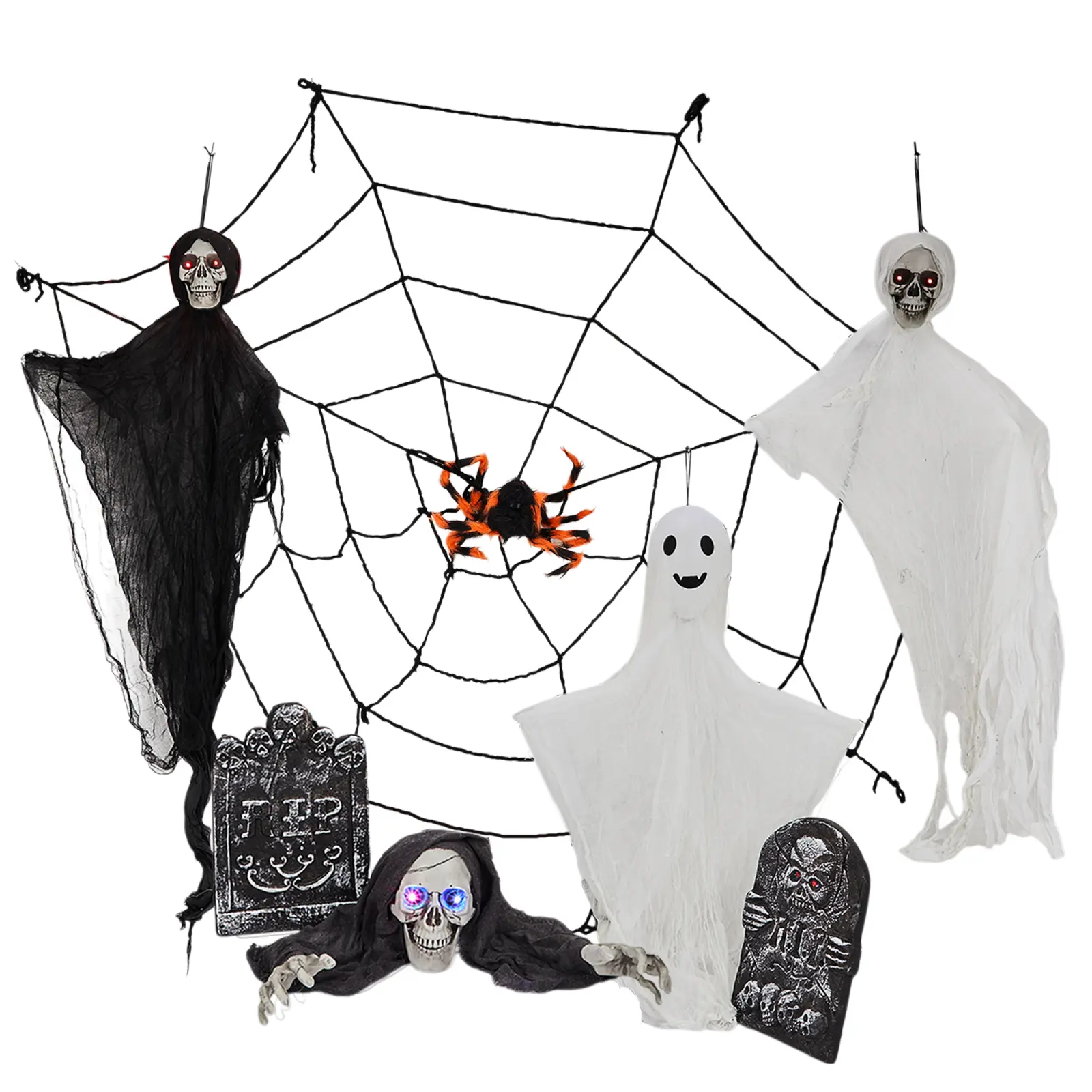 Ubesgoo 8-Piece Spooky Outdoor Halloween Decorations Set - Durable Fabric, 5.9 ft Hanging Ghosts (3), 1 Cobweb, Lighted-Eyes Gravestone Props for Yard Decorating Enhancing the Scare Factor
