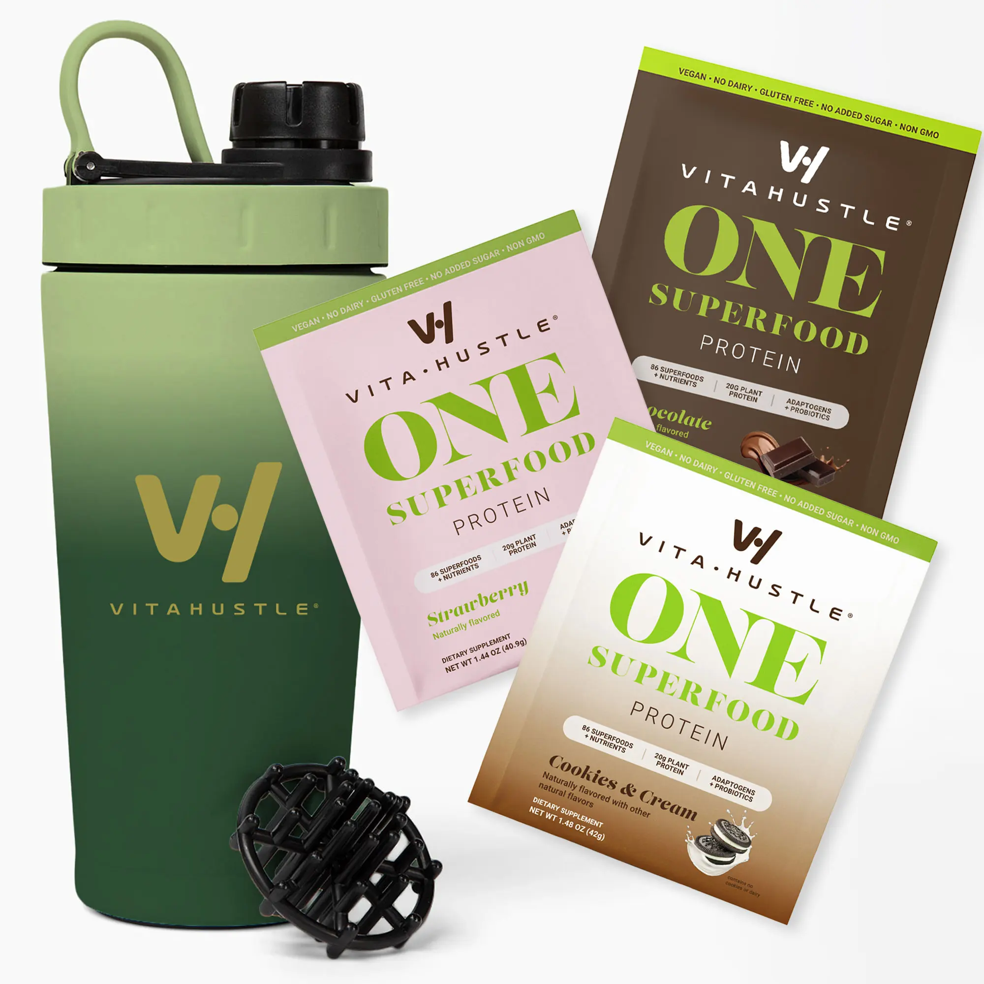 VitaHustle ONE Protein Sampler Variety + Shaker Bottle, Vegan Protein, High Protein Shake