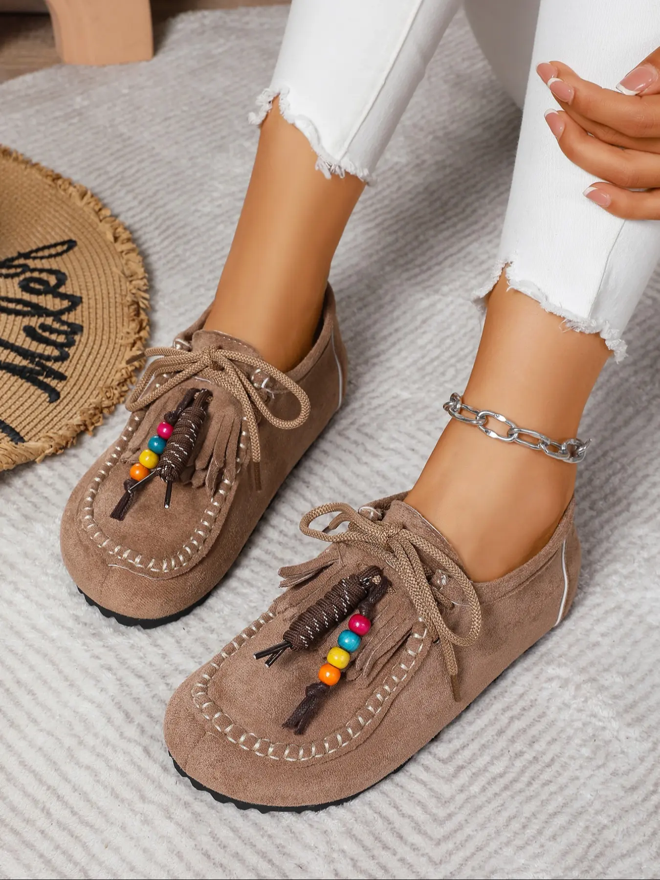 New Women's Round-Toe Outdoor Fitness Shoes with Arch Support, Casual Beaded Tassel Moccasins for Women, Vintage Comfort Walking Flats, Casual Shoes Clogs, Summer Flat