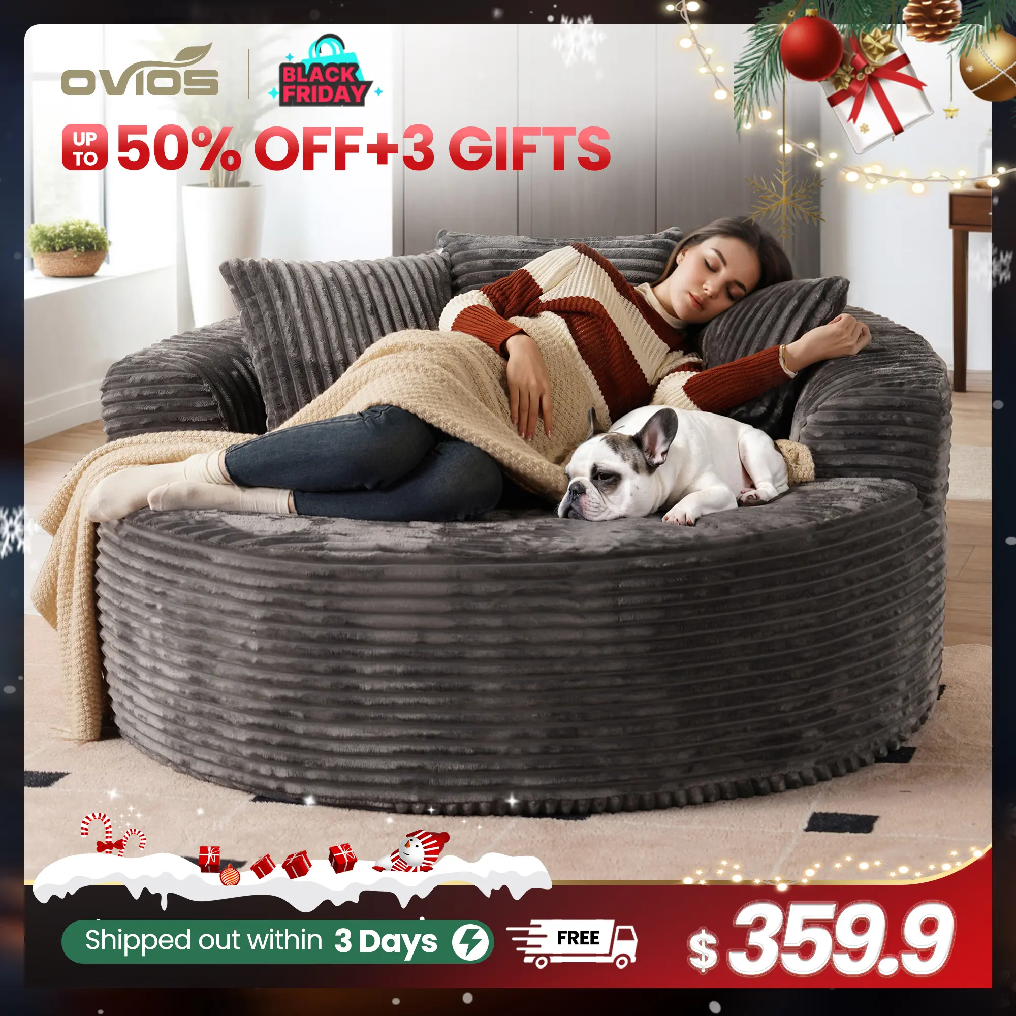 【Summerfinds】Ovios 59" W Oversized Round Sofa Bed - Fluffy Lazy Bean Bag, Modern Deep Seat Couch for Relaxation, Plush Corduroy Fabric, 3 Pillows Included, No Assembly Required