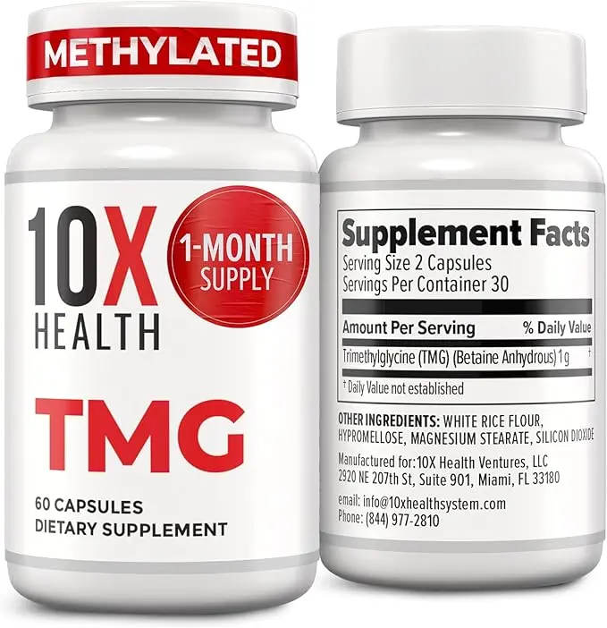 10X Health TMG Supplements - Trimethylglycine Supplement for Liver Support, Heart Wellness, Energy, Homocysteine Levels - TMG Capsules with Betaine Anhydrous - Non-GMO & Gluten-Free - 60 Capsules White Dietary