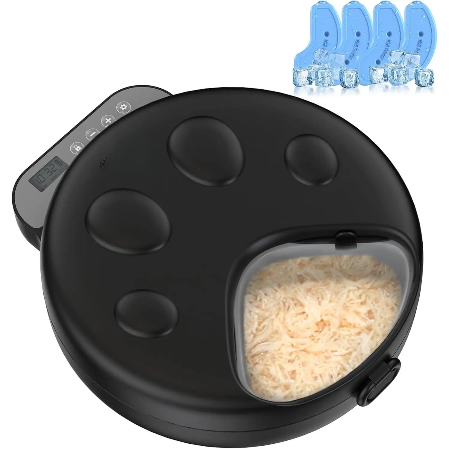 Electric Cat Food Feeder Wet Food, Cordless Wet Pet Food Dispenser with 4 Ice Packs, Daily 4 Meals Fresh Food Refrigerated Container, Programmable Timer Battery-Powered Automatic Feeder Suitable for Kittens (Black)