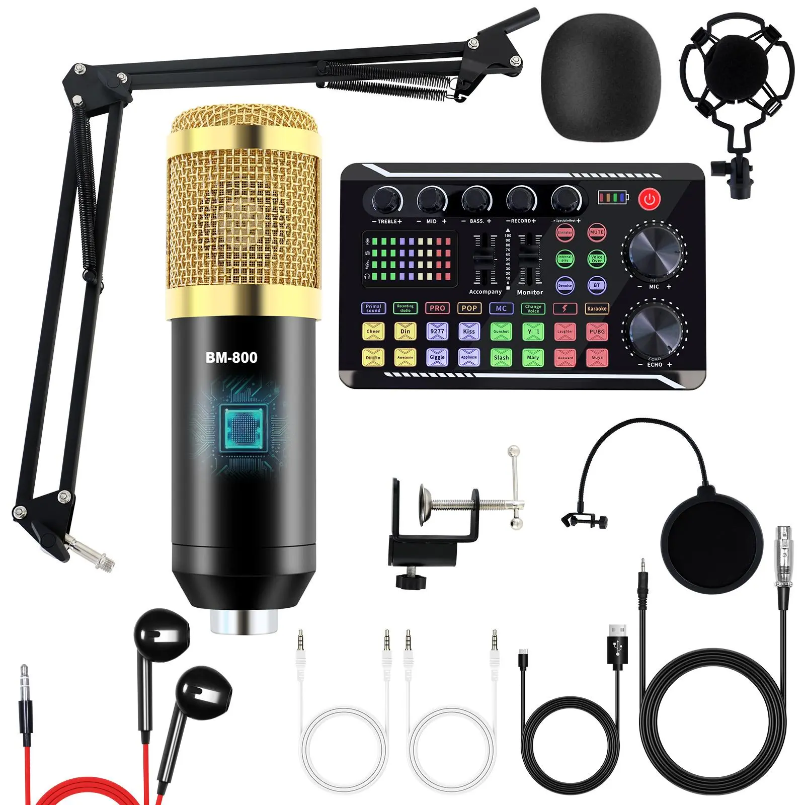BM800 Professional Metal Condenser Microphone Bundle with Audio Mixer & Voice Effects, Unisex Kit for Podcasting, Streaming (School, iPad, PS4 Compatible) with Charging Cable for PC, Mac, Mobile