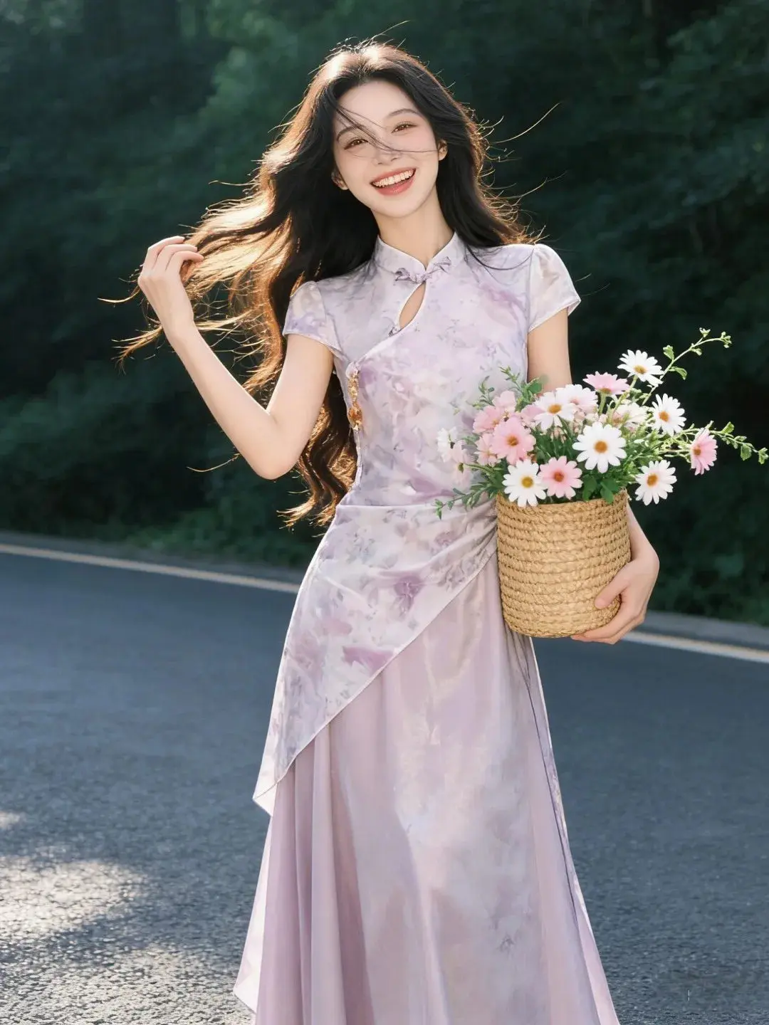 Lilac Floral Asymmetric Maxi Qipao Dress | Neo-Chinese Cheongsam, Elegant Summer Dress, Garden Party & Daily Wear