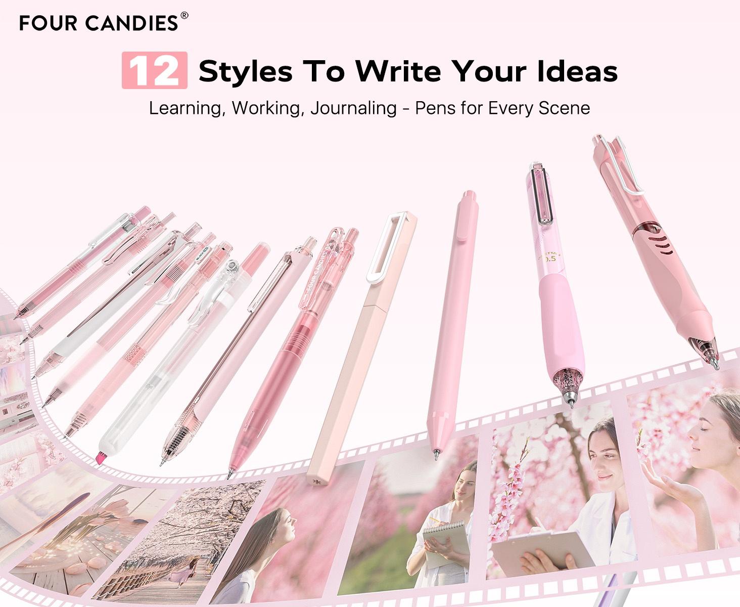 Four Candies 12PCS Pastel Gel Ink Pen Set with Case, Cute Retractable 0.5mm Fine Point 11PCS Black Ink Pens with 1PCS Highlighter, Aesthetic Pens for School, Student Note Taking, Writing, Office Stationery & Supplies, HolidayHaul