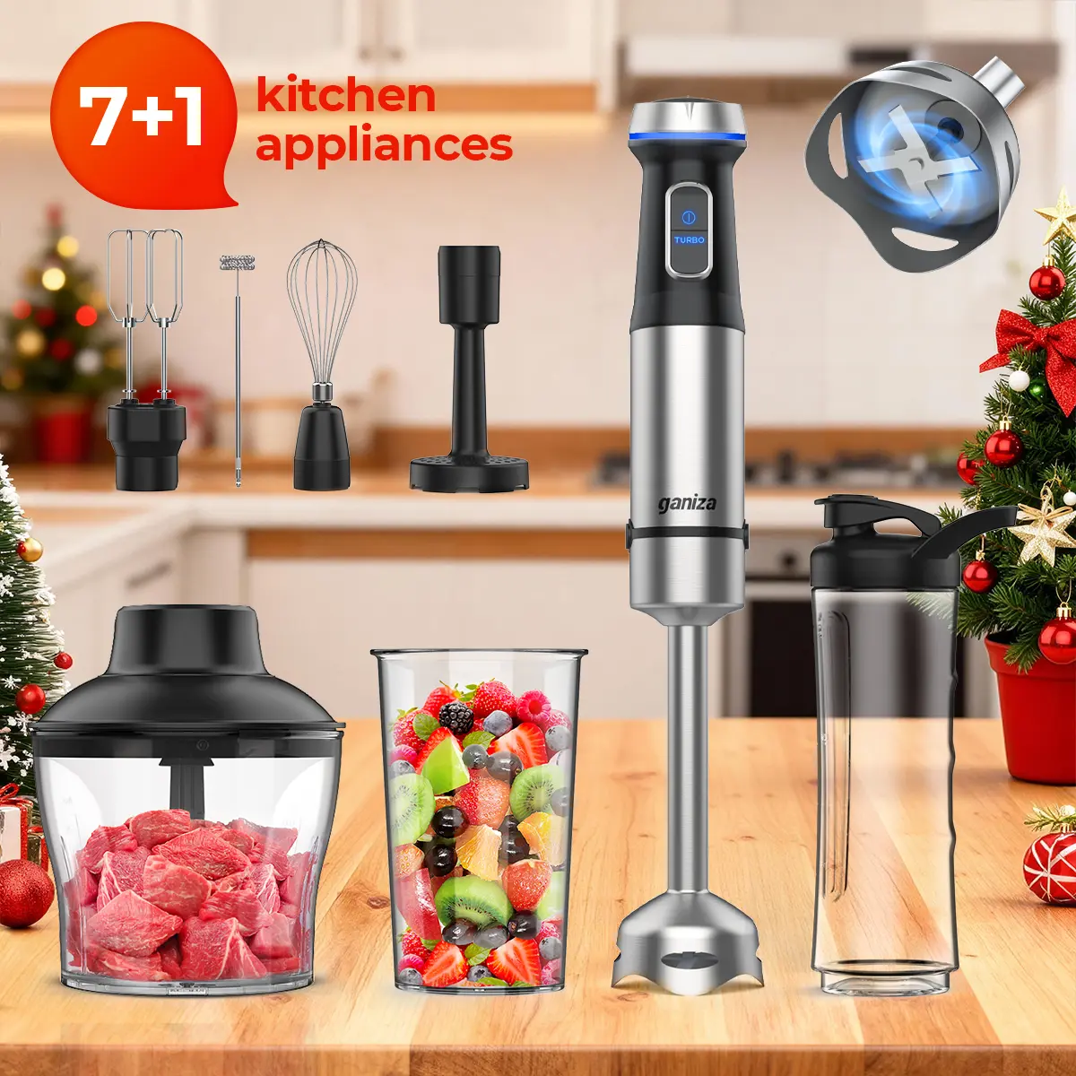 Ganiza Immersion Blender 15 Speed Kitchen Hand Mixer Stainless Steel Stick Head Whisk Milk Frother Masher Blending Cup Chopping Bowl Recipe Guide Kitchen Supplies Ideal Gift for Home Cooks Slow Cold Pressed Juicer Machine,home essentials Juicer Blender