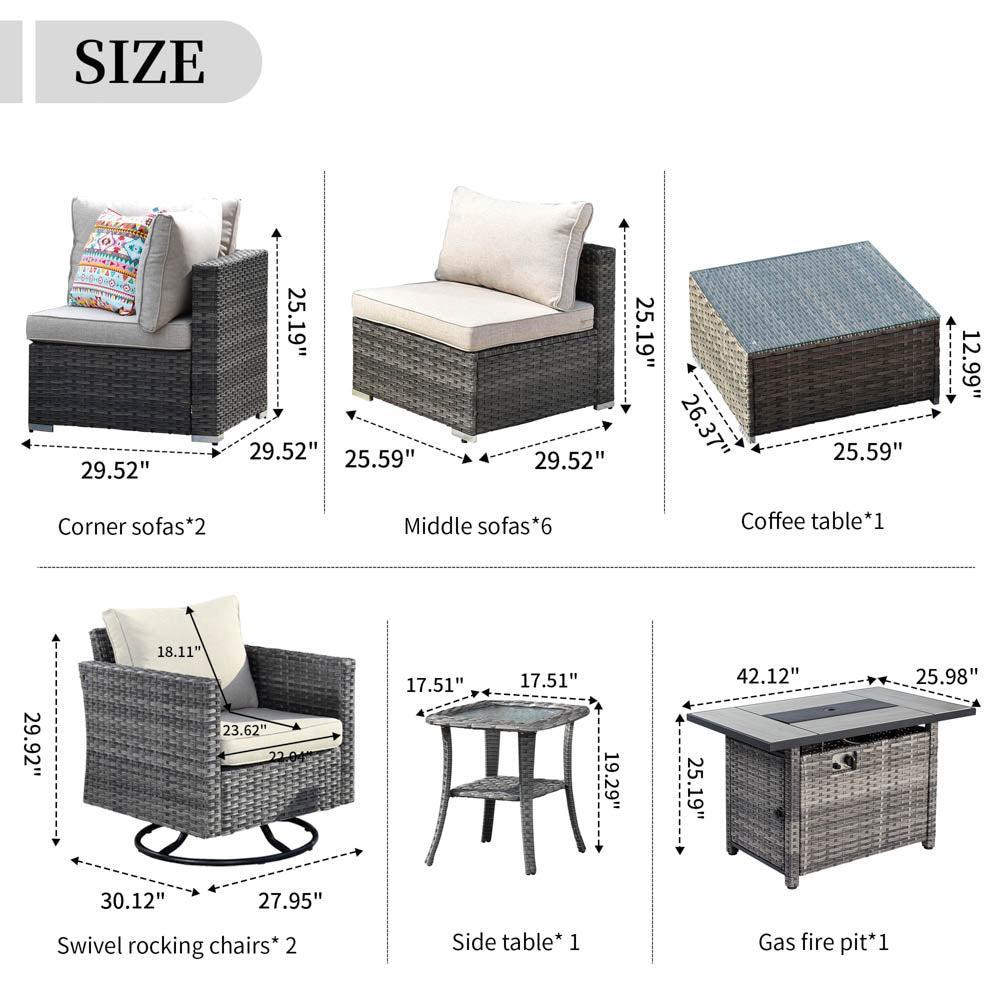 Ovios Patio Furniture 13-Piece Outdoor Sectional Sofa Set with Wicker Rocking Swivel Chairs and 42.12'' Fire Pit