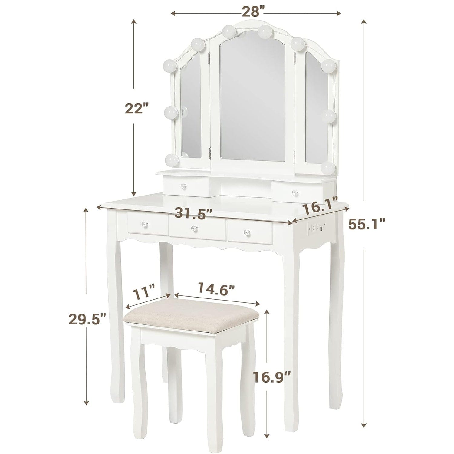 Sikaic Small Size Makeup Vanity Set with LED Mirror Cushioned Stool and Chair Set Bedroom White