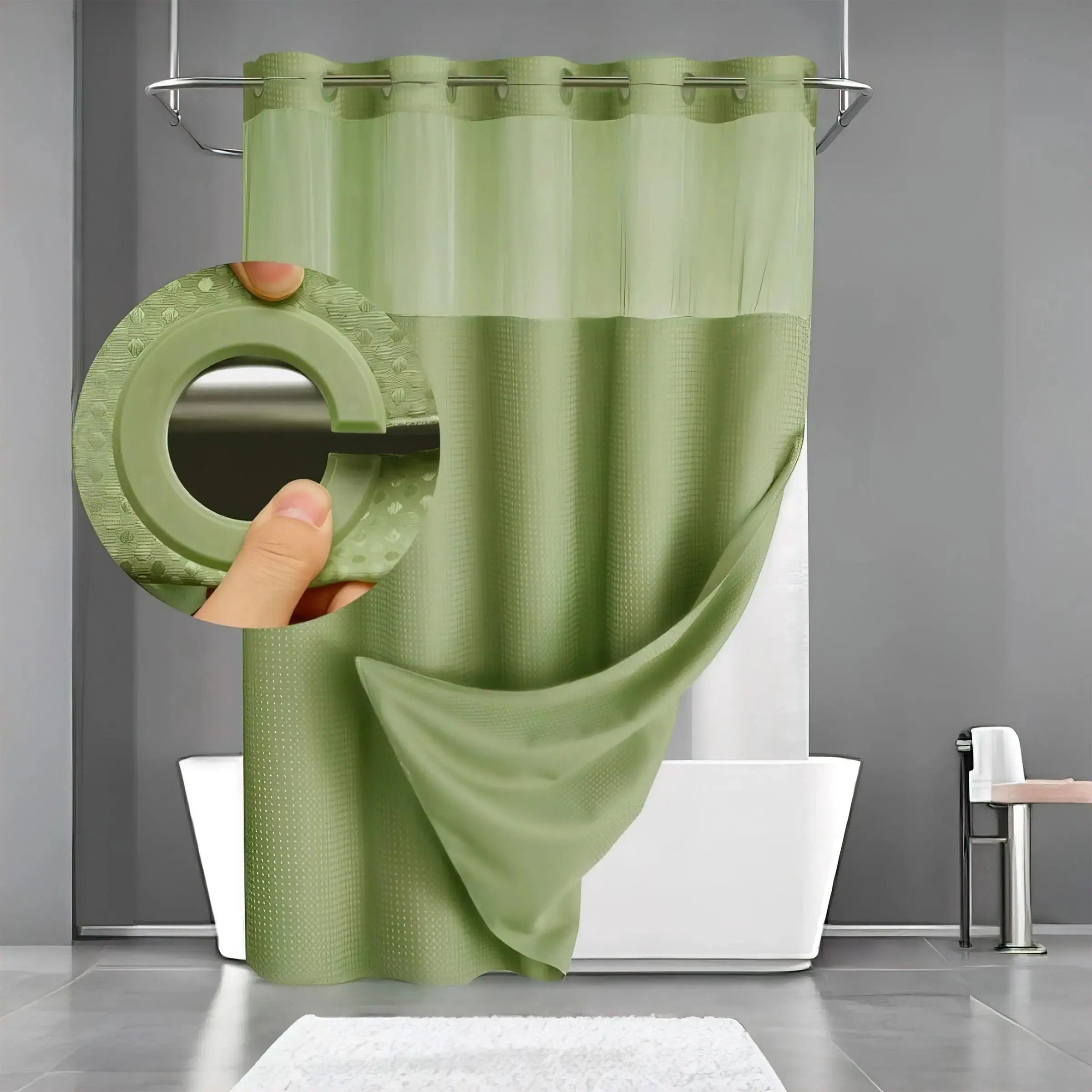 Waffle Pattern No-Hook Shower Curtain,1 Count Double Layer Waterproof Bathroom Curtain with Snap in Liner ,Size Adaptability Washable Bathroom Accessories, for Hotel Salon Room,Home Dector,Household Items