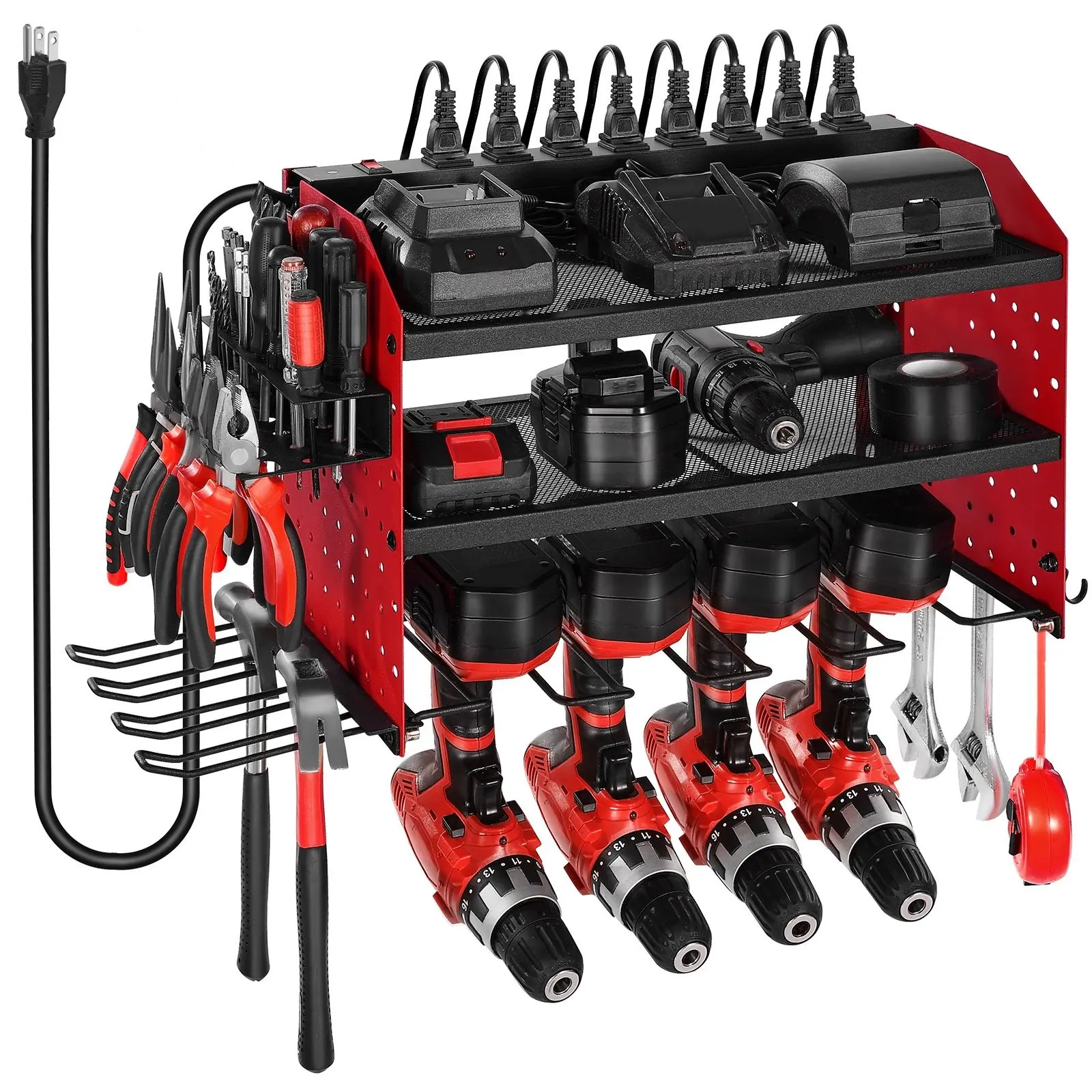 Power Tool Organizer With Charging Station, 3-Layer Drill Storage Rack With 4 Drill Holders And Side Pegboard, Garage Tool Organizer With Built-In 8-Outlet Power Strips For Workbench, Garage And Workshop