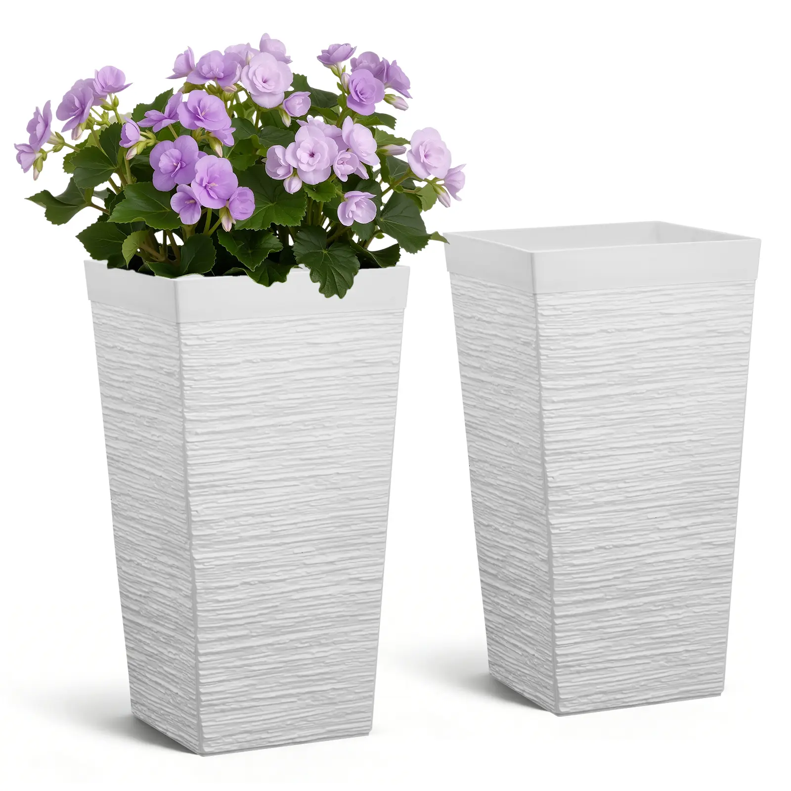 VEVOR 2-Piece 23-Inch Tall Taper Planters, Large Modern Plastic Outdoor Indoor Flower Pots with Casters, Inner Pot & Drainage Holes for Front Porch Decor, Patio, Garden, White, Above-Ground Flower Pots, Tube-Shaped Flower Pots#BacktoSchool