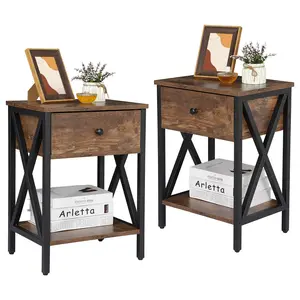 Segawe 2 Pack X-Design End Table Metal Frame Sofa Table Bedside Table Storage Organizer Display, Brown,summerwins