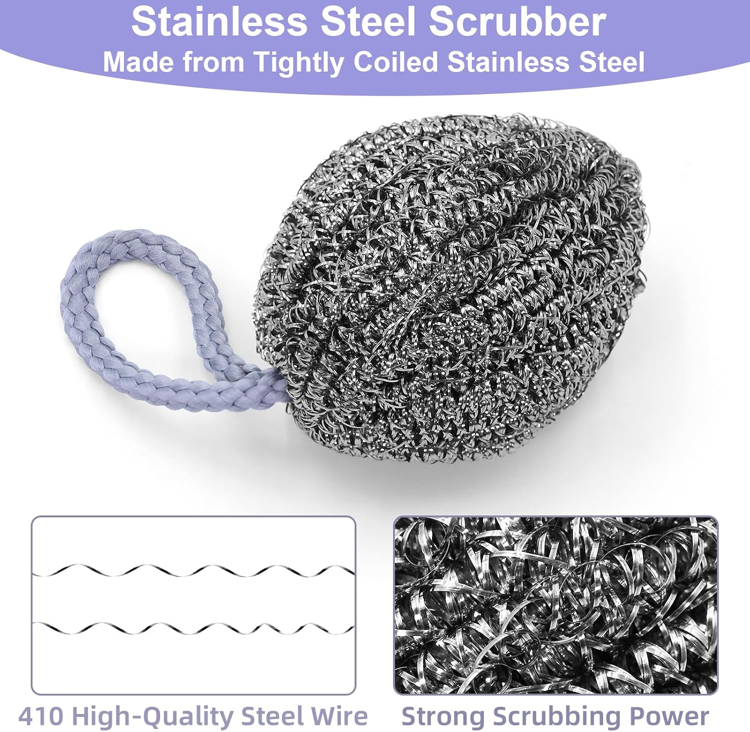 2Pcs Stainless Steel Scrubber,Wire Metal Scrubber with Lanyard | Dirty Cookware Cleaner, Steel Wire Balls for Cleaning Dishes (Silver)