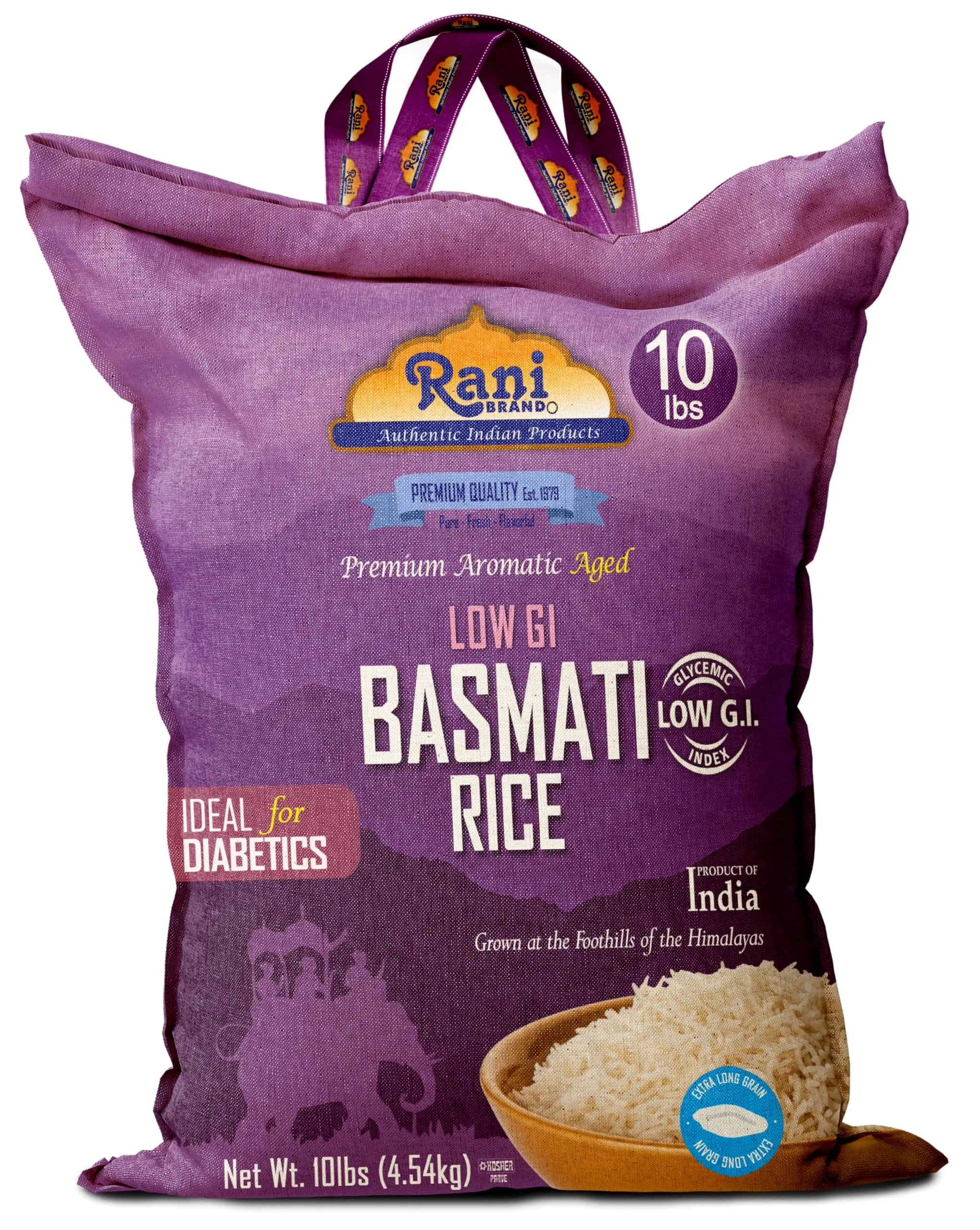 Rani White Basmati Rice Low GI (Glycemic Index) Extra Long Aged, Ideal for Diabetics, 10lbs (160oz) 4.53kg Cloth Bag ~ All Natural | Gluten Free | Vegan | Indian Origin | Export Quality