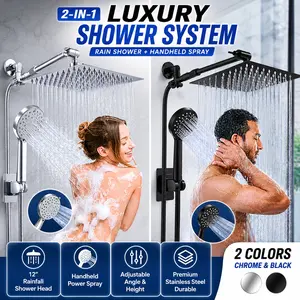 2-in-1 Luxury Rainfall Shower Head System with Handheld Spray, High Pressure Shower Combo, Adjustable Extension Arm, Easy Installation, Chrome & Matte Black