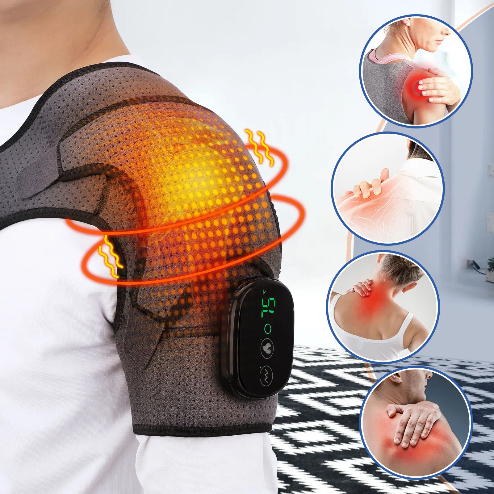 Wireless Heating Shoulder Wrap & Massager, 3 Heating & 3 Vibration Modes, Adjustable Straps, Universal for Shoulder & Knee, Portable Heated Shoulder Pad, Massage Device for Home & Travel
