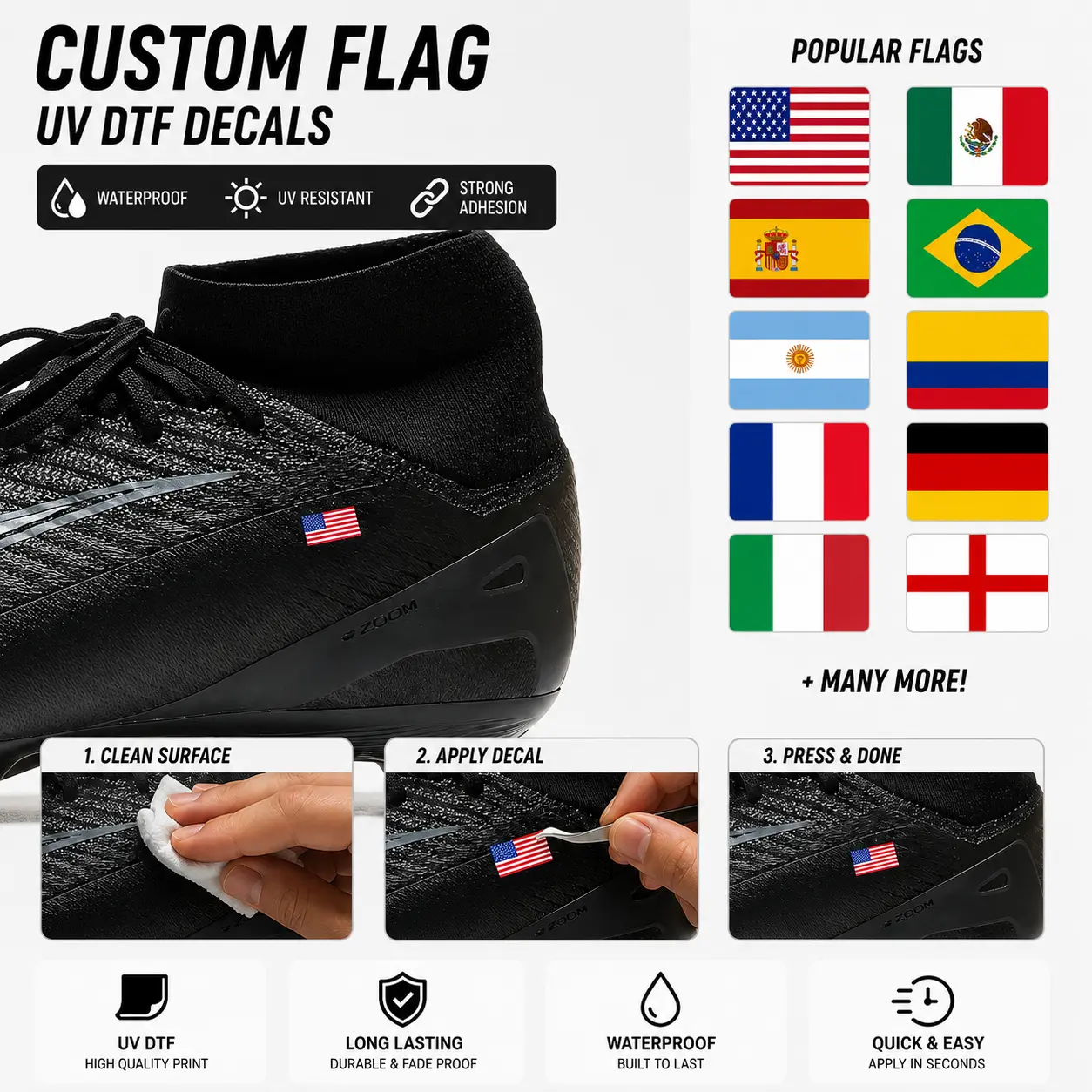 Custom Flag Stickers for Soccer Cleats - UV DTF Print, Waterproof for Wet Field Days, Strong Adhesion Decals (Set of 2) for Football Futsal Shoes