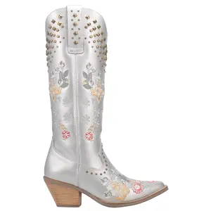 Dingo Womens Poppy Floral Embroidered Metallic Studded Snip Toe Pull On  Casual Boots Knee High Mid Heel 2-3" - Silver