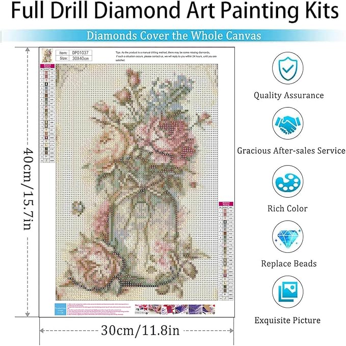 5D Diamond Painting Kit, Vintage Watercolor Peony Bouquet in Glass Jar, DIY Shabby Chic Floral Art Craft for Adults, Cozy Home Wall Decor